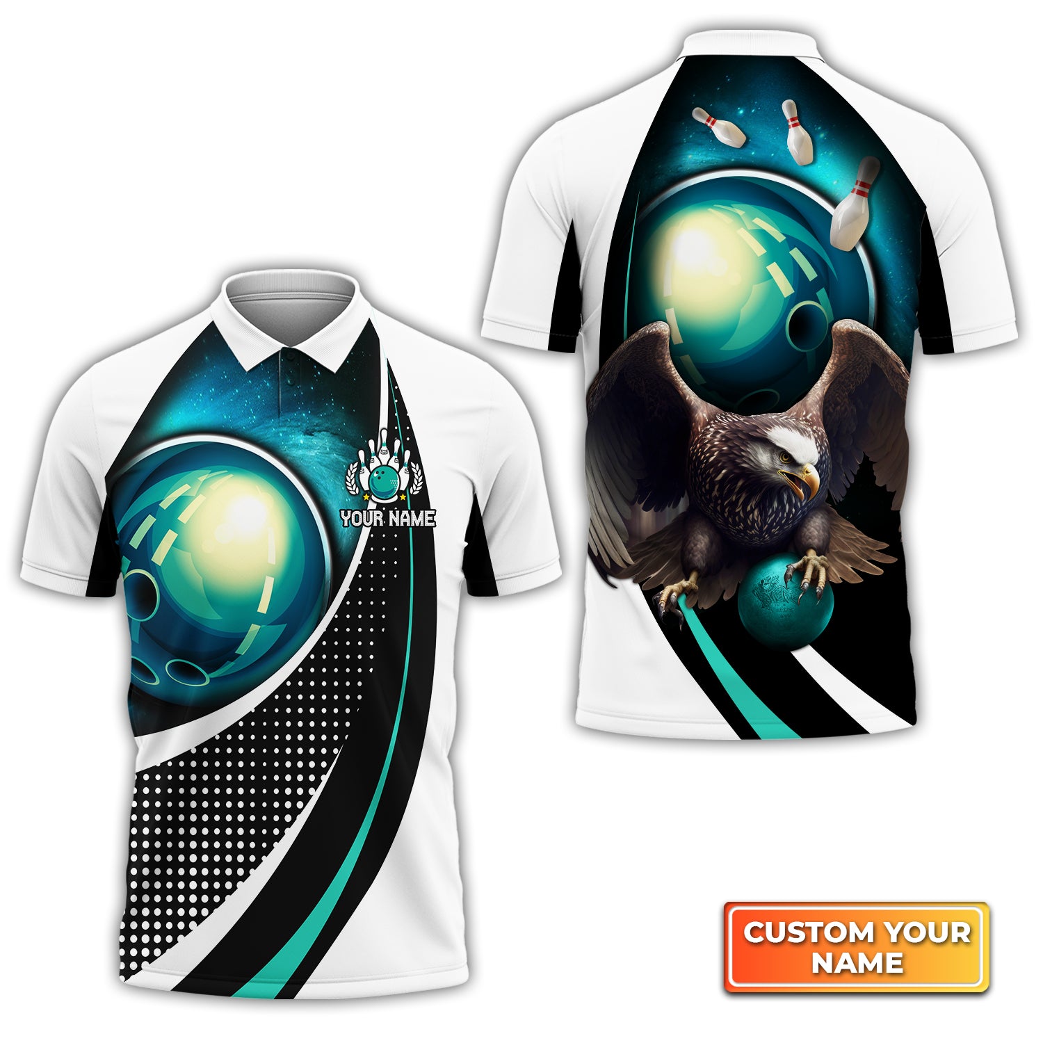 Eagle Bowling Team Blue Bowling Ball Personalized Name 3D Polo Shirt QB95