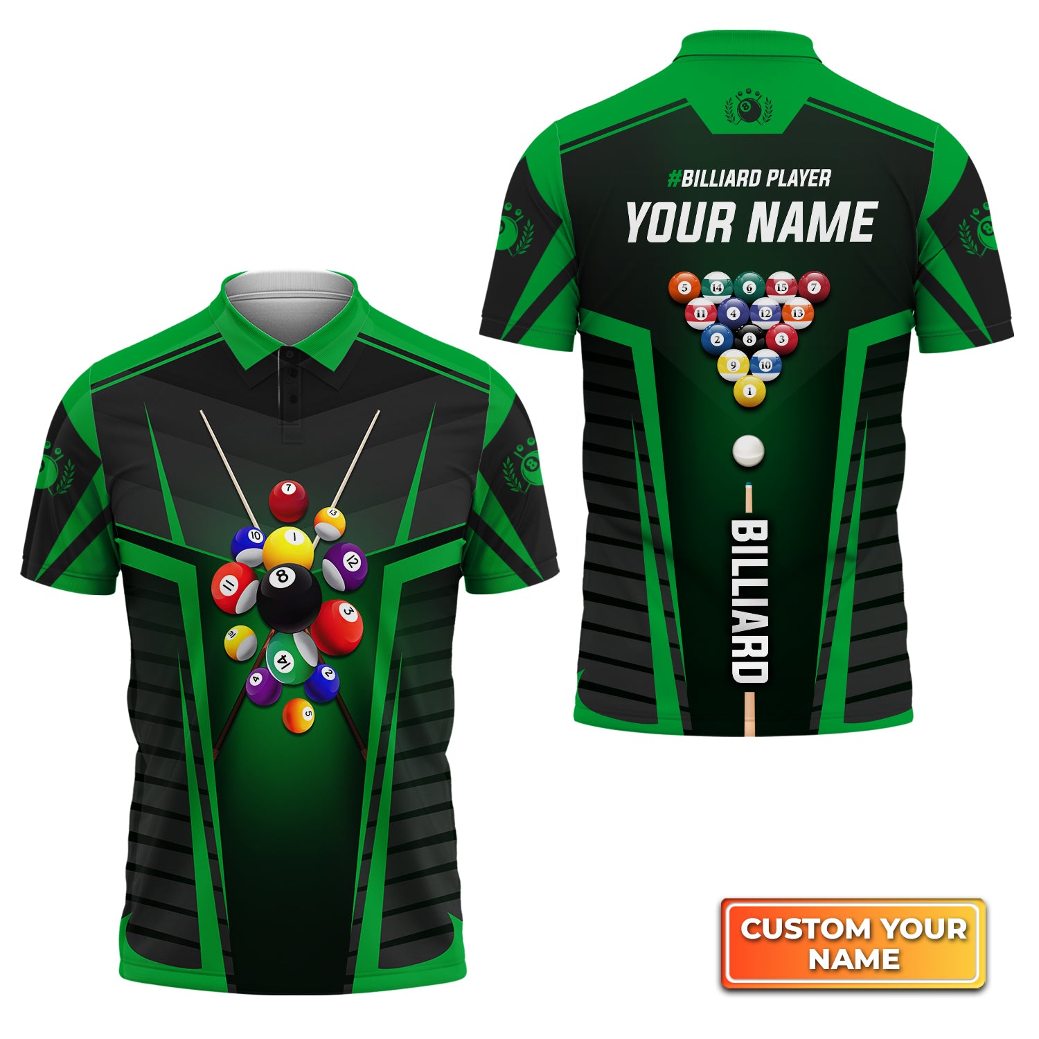 Green Billiard Balls Personalized Name 3D Polo Shirt Gift For Billiard Players QB95