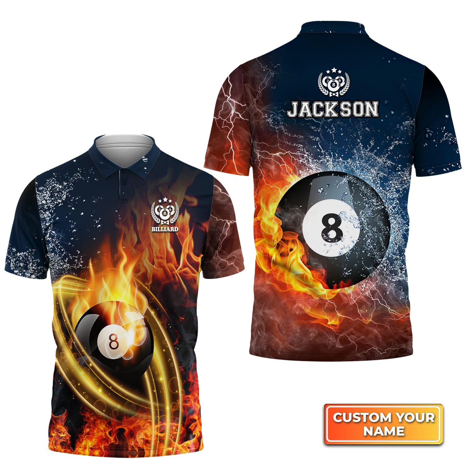 8Ball Billiard On Fire Personalized Name 3D Polo Shirt Gift For Billiard Players QB95