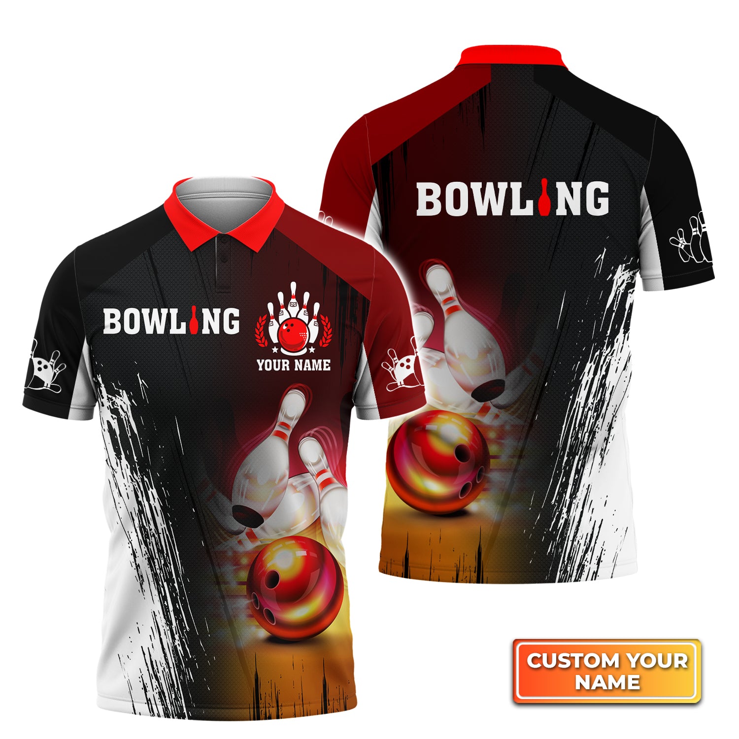 Red Bowling Ball Crashing Pins Personalized Name 3D Polo Shirt QB95