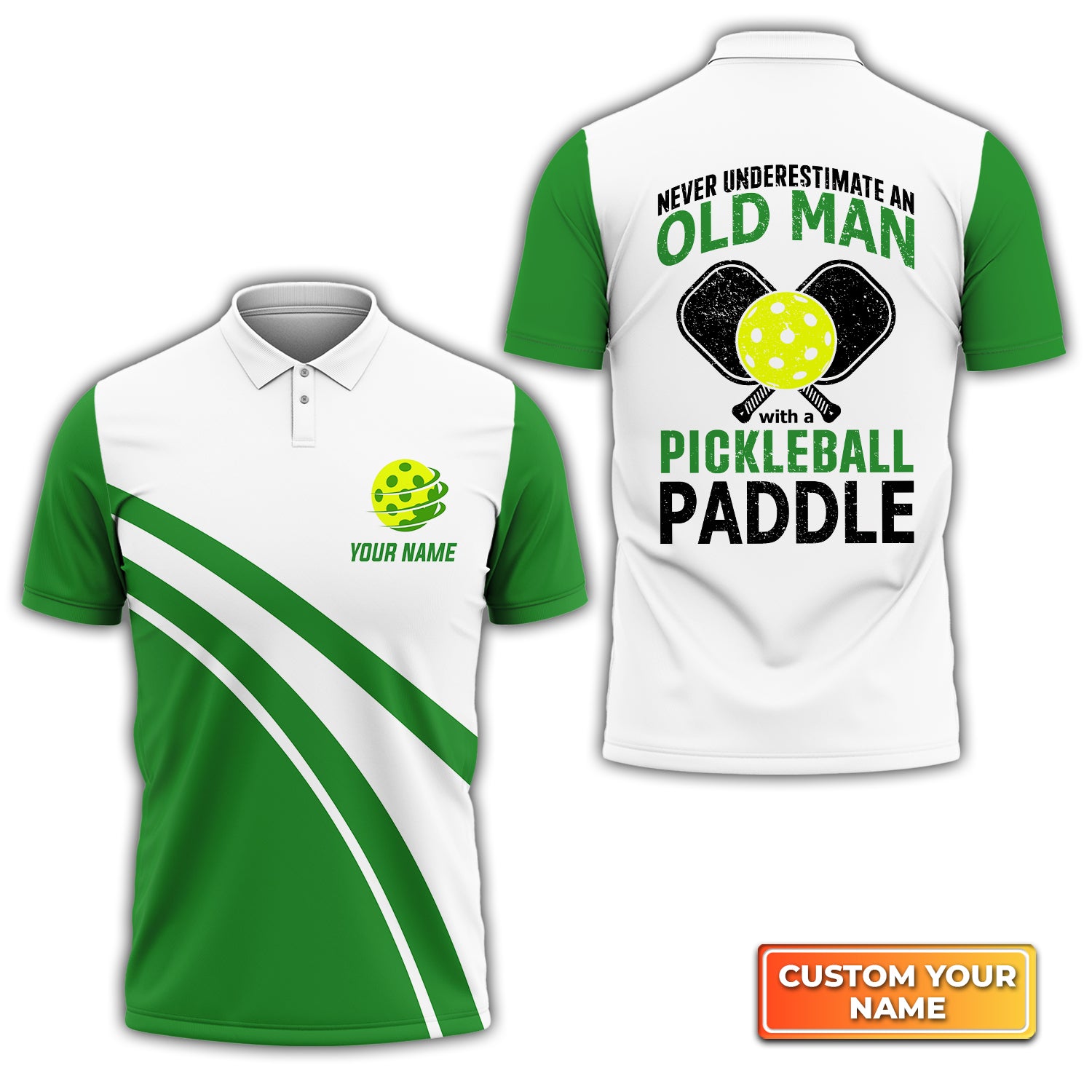 Never Underestimate An Old Man With A Pickleball Paddle Personalized Name 3D Polo Shirt QB95 Gift For Pickleball Player