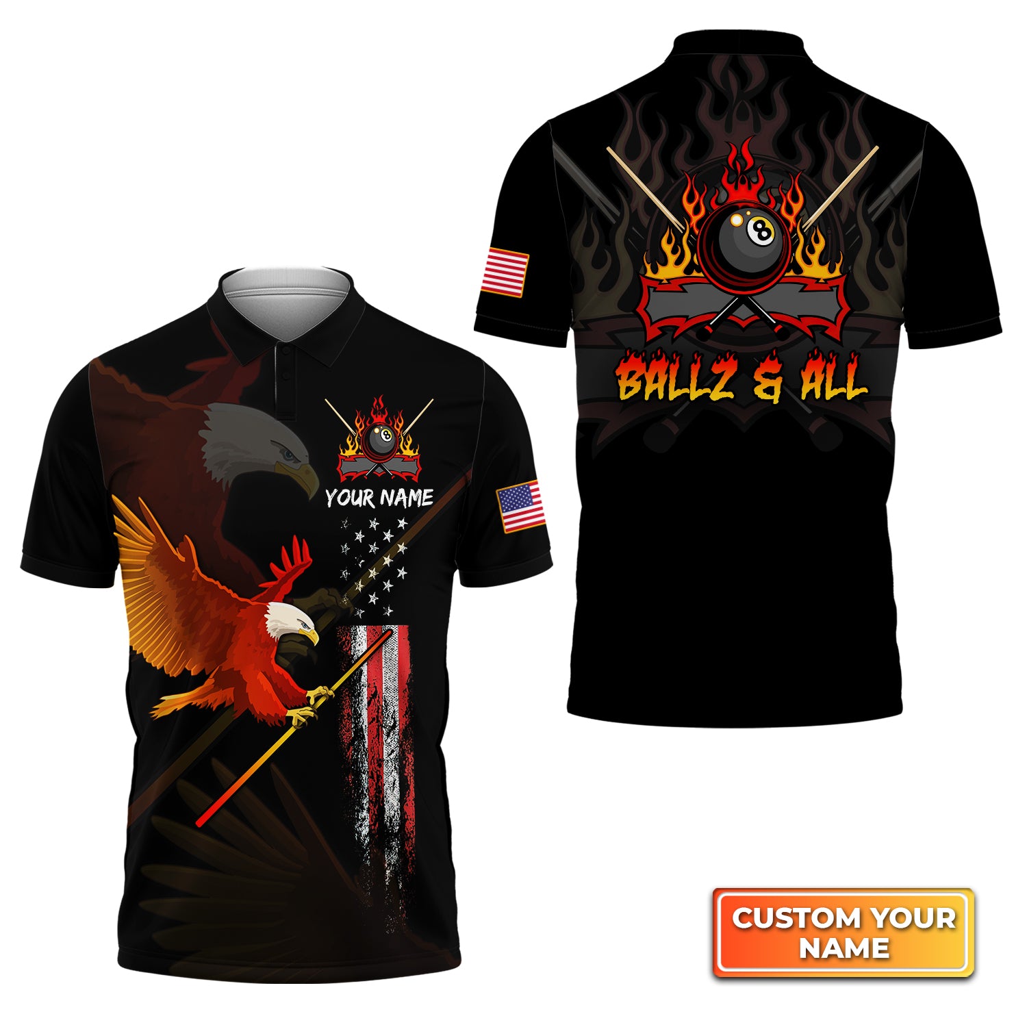 Eagle BALLZ & ALL Team Bones 8 Ball American Flag Billiards Personalized Name 3D Polo Shirt Gift For Billiard Players QB95