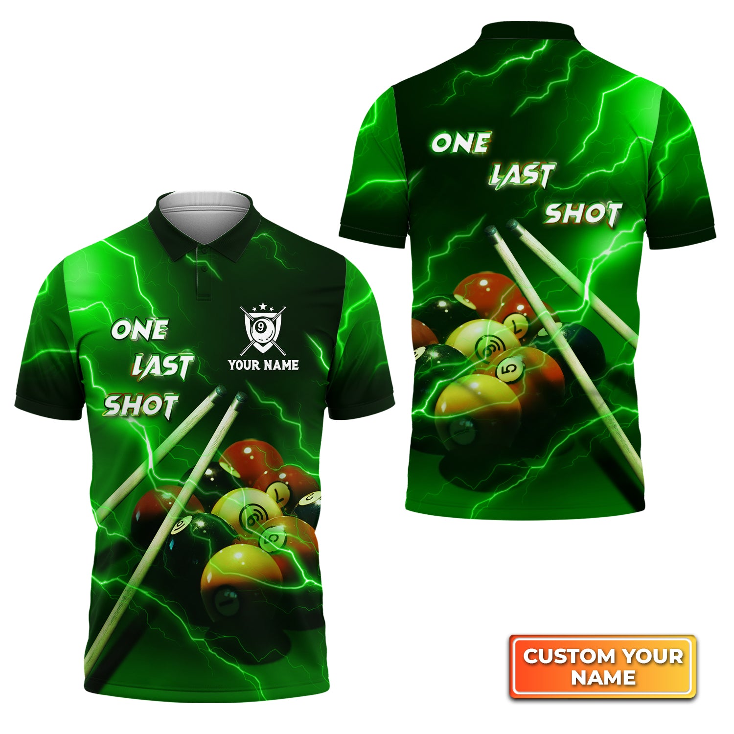 One Last Shot Billiard 9 Ball Thunder Lightning Fluor Green Personalized Name 3D Polo Shirt Gift For Billiard Players QB95