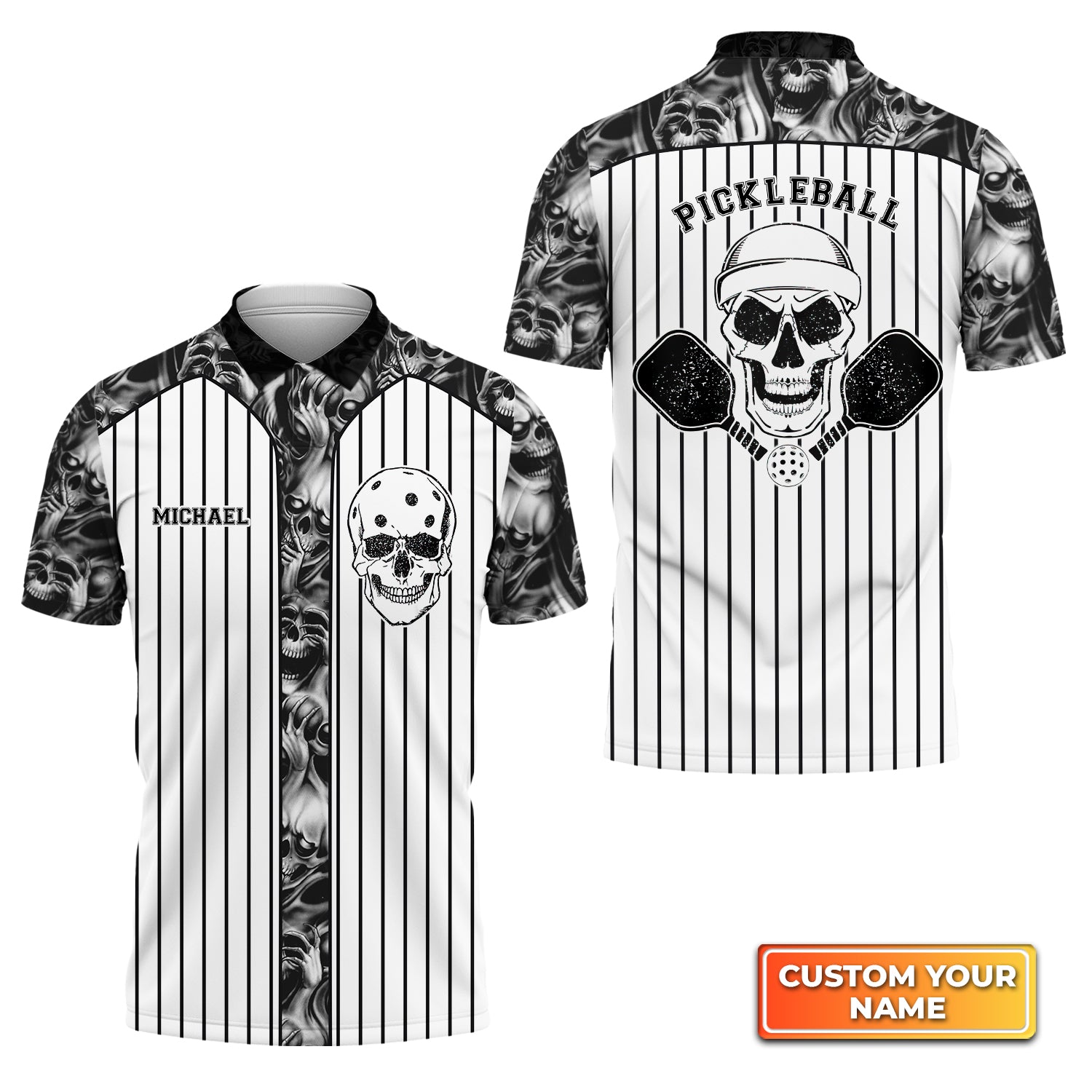 Skull Vertical Stripes Personalized Name 3D Polo Shirt QB95 Gift For Pickleball Player