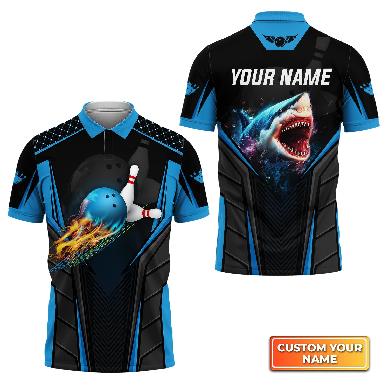 Shark Team Blue Bowling Ball Personalized Name 3D Polo Shirt QB95