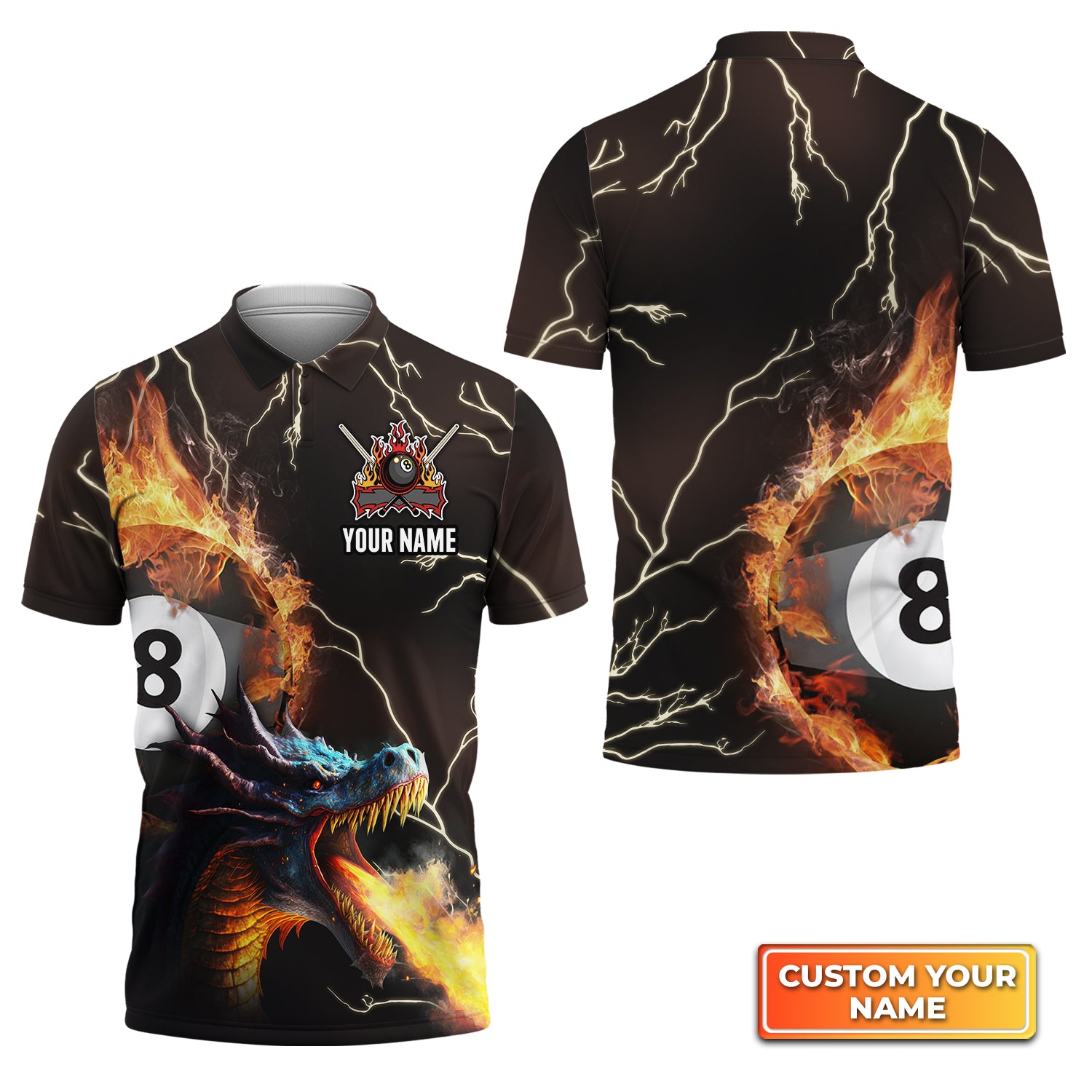 Dragon On Fire Billiard Pool 8 Balls Personalized Name 3D Polo Shirt Gift For Billiard Players QB95