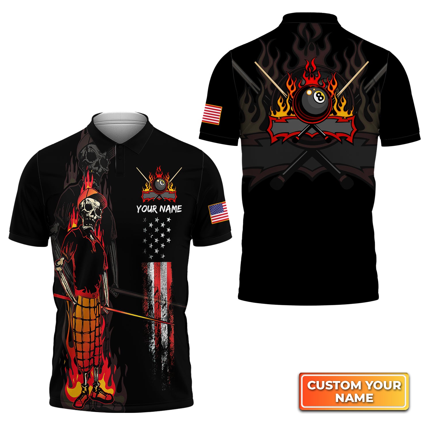 Bones 8 Ball American Flag Billiards Personalized Name 3D Polo Shirt Gift For Billiard Players QB95
