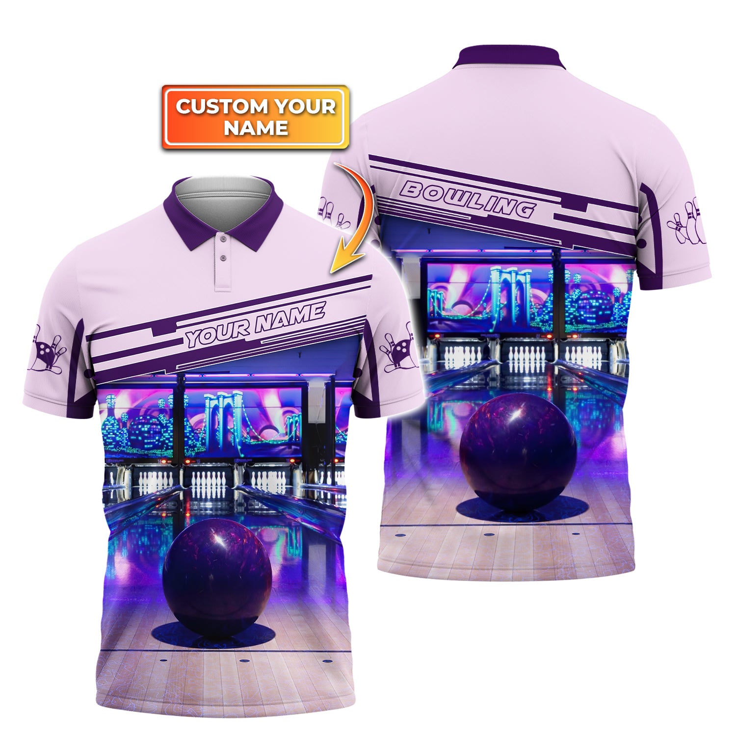 Purple Bowling Ball Personalized Name 3D Polo Shirt QB95