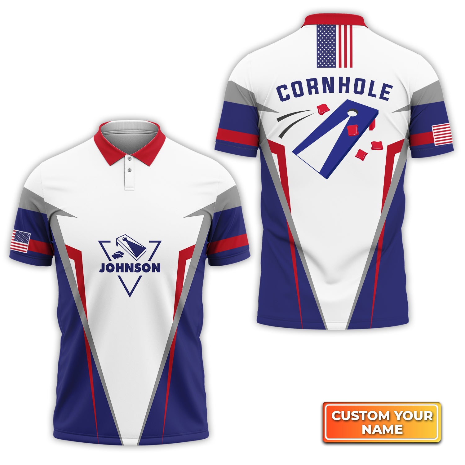 Cornhole American Flag Sports Style Personalized Name 3D Polo Shirt Gift For Cornhole Players QB95