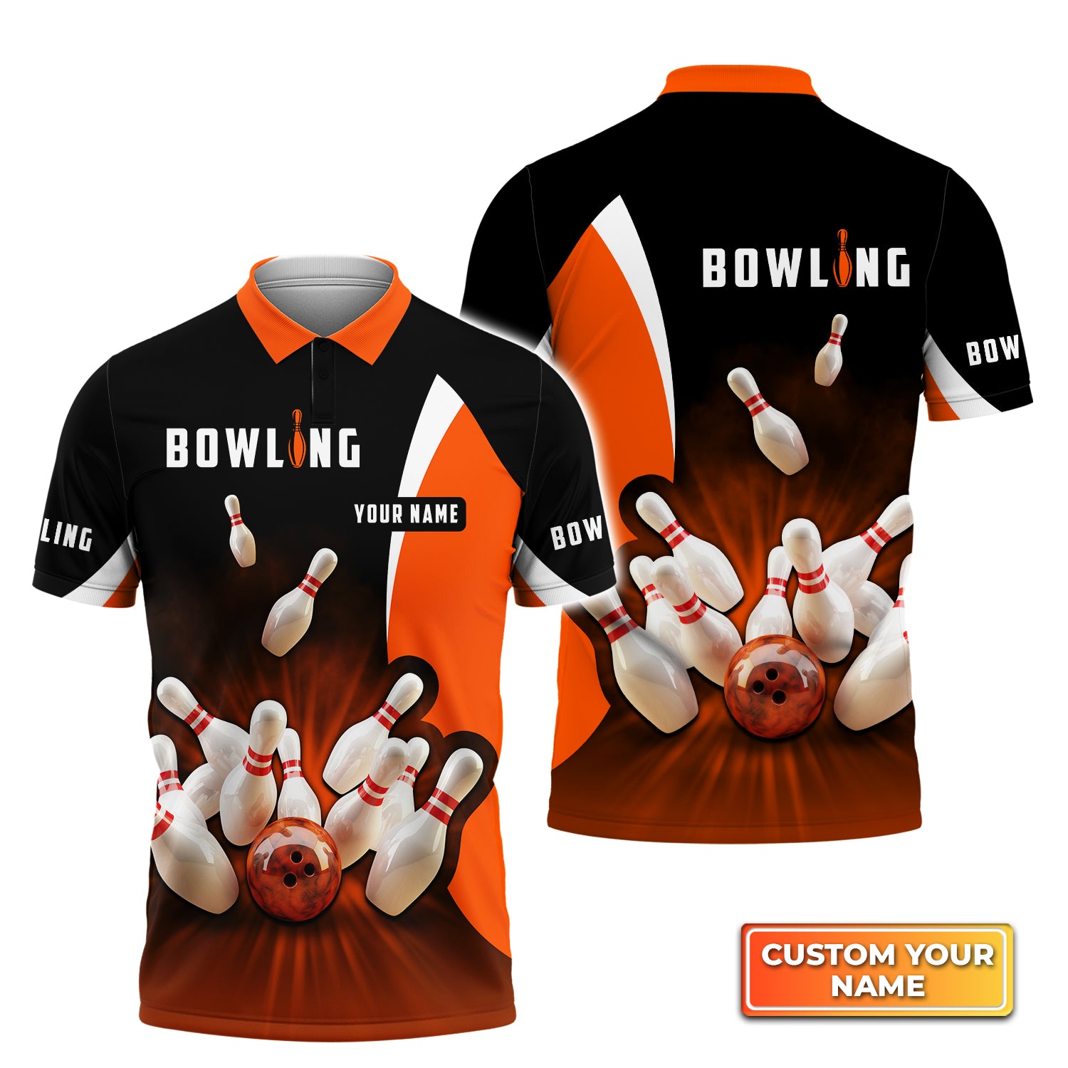 Perfect Orange Strike Bowling Personalized Name 3D Polo Shirt QB95