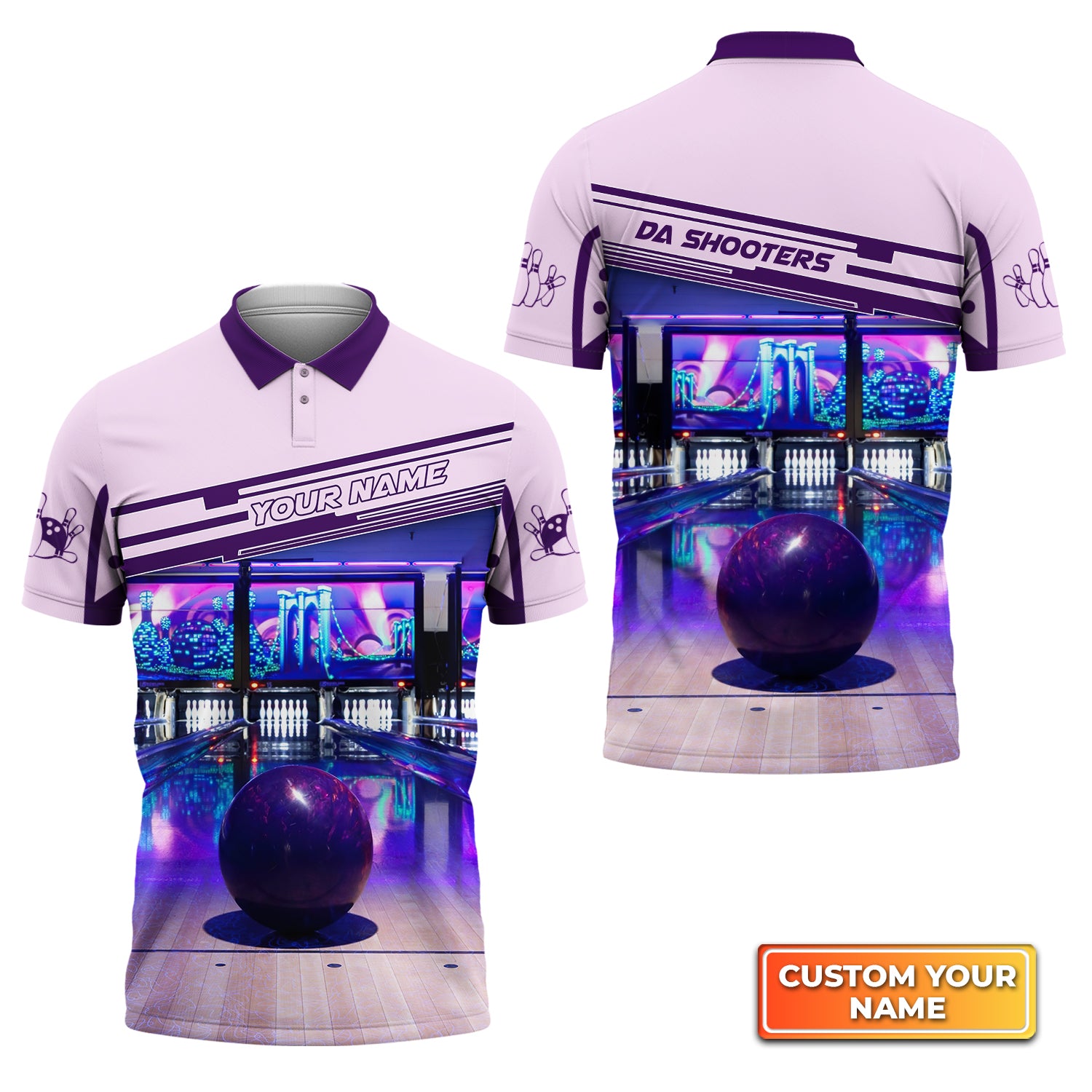 DA SHOOTERS Purple Bowling Ball Personalized Name 3D Polo Shirt QB95