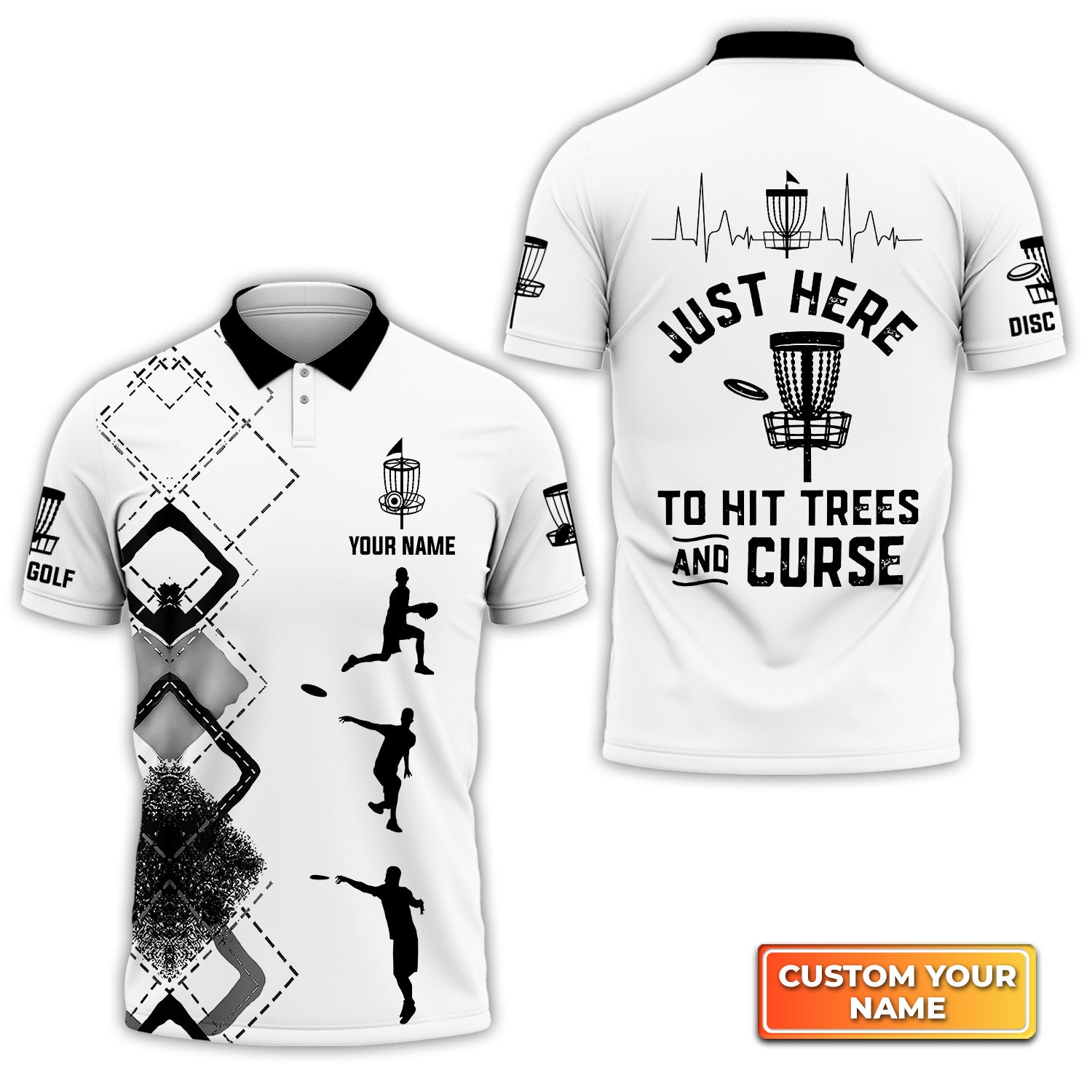 Disc Golf Silhouettes Hit Trees And Curse Personalized Name 3D Polo Shirt Gift For Disc Golf Players QB95