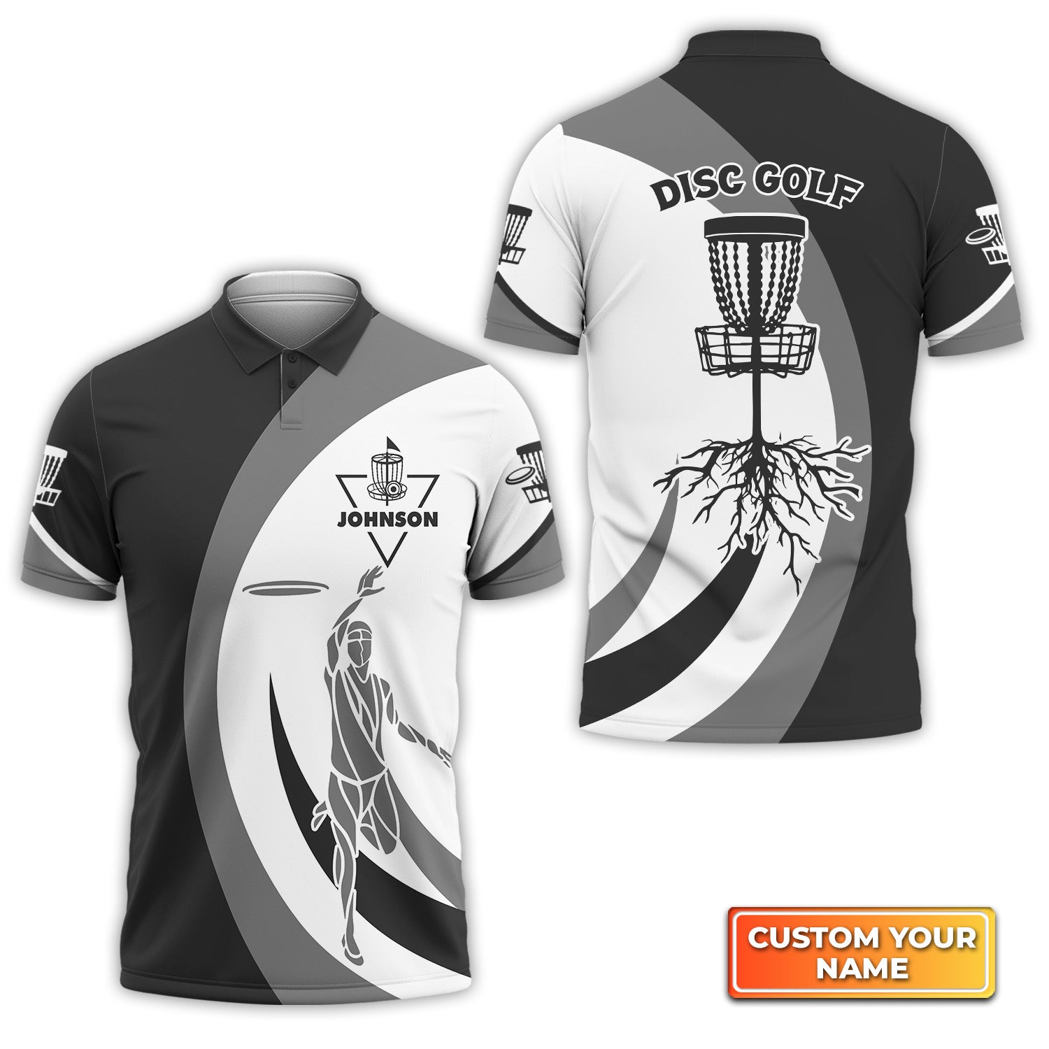 Disc Golf Silhouette Black Grey Personalized Name 3D Polo Shirt Gift For Disc Golf Players QB95