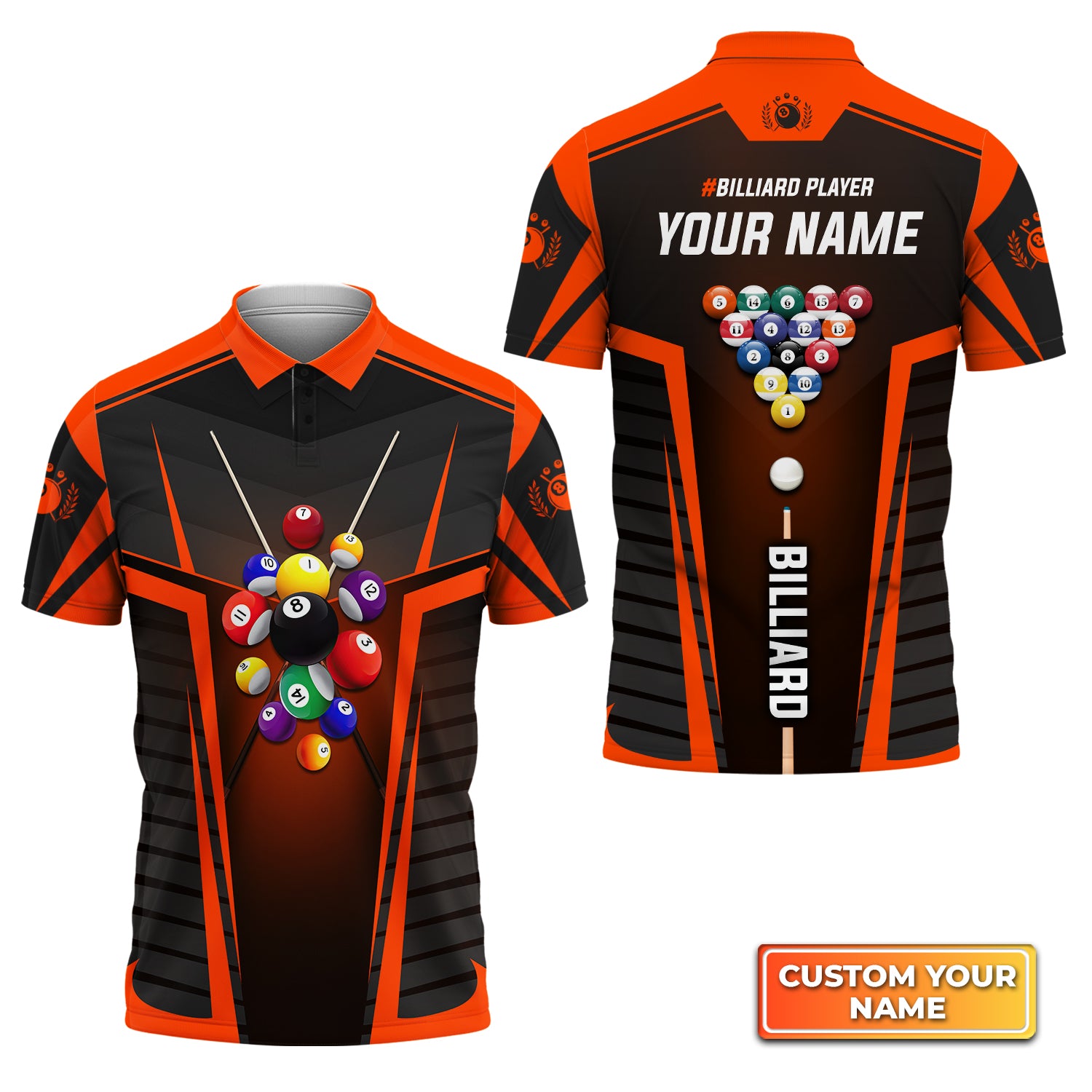 Orange Billiard Balls Personalized Name 3D Polo Shirt Gift For Billiard Players QB95