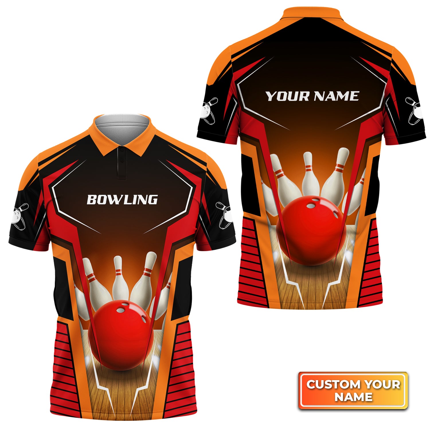 Mens Bowl Pin And Red Bowling Ball Personalized Name 3D Polo Shirt QB95