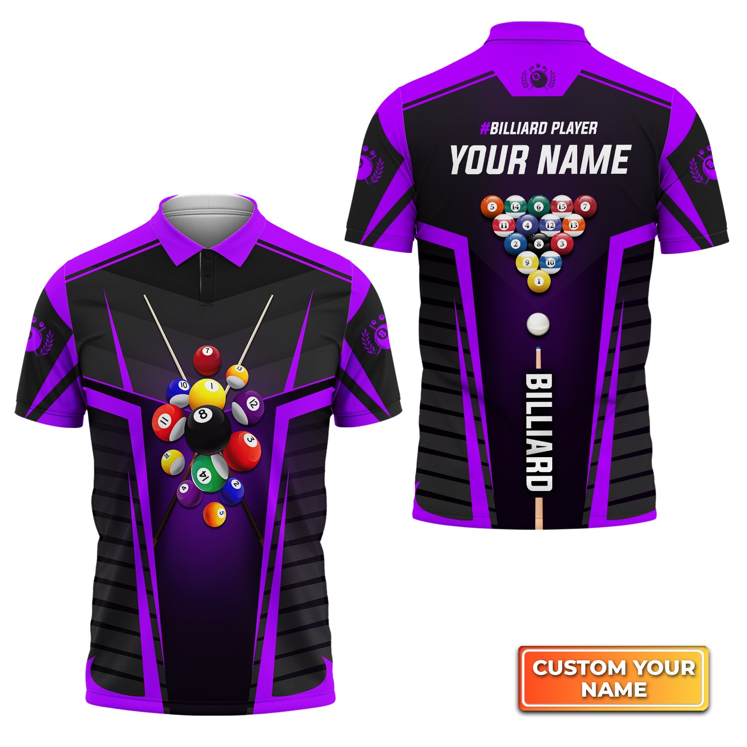 Purple Billiard Balls Personalized Name 3D Polo Shirt Gift For Billiard Players QB95