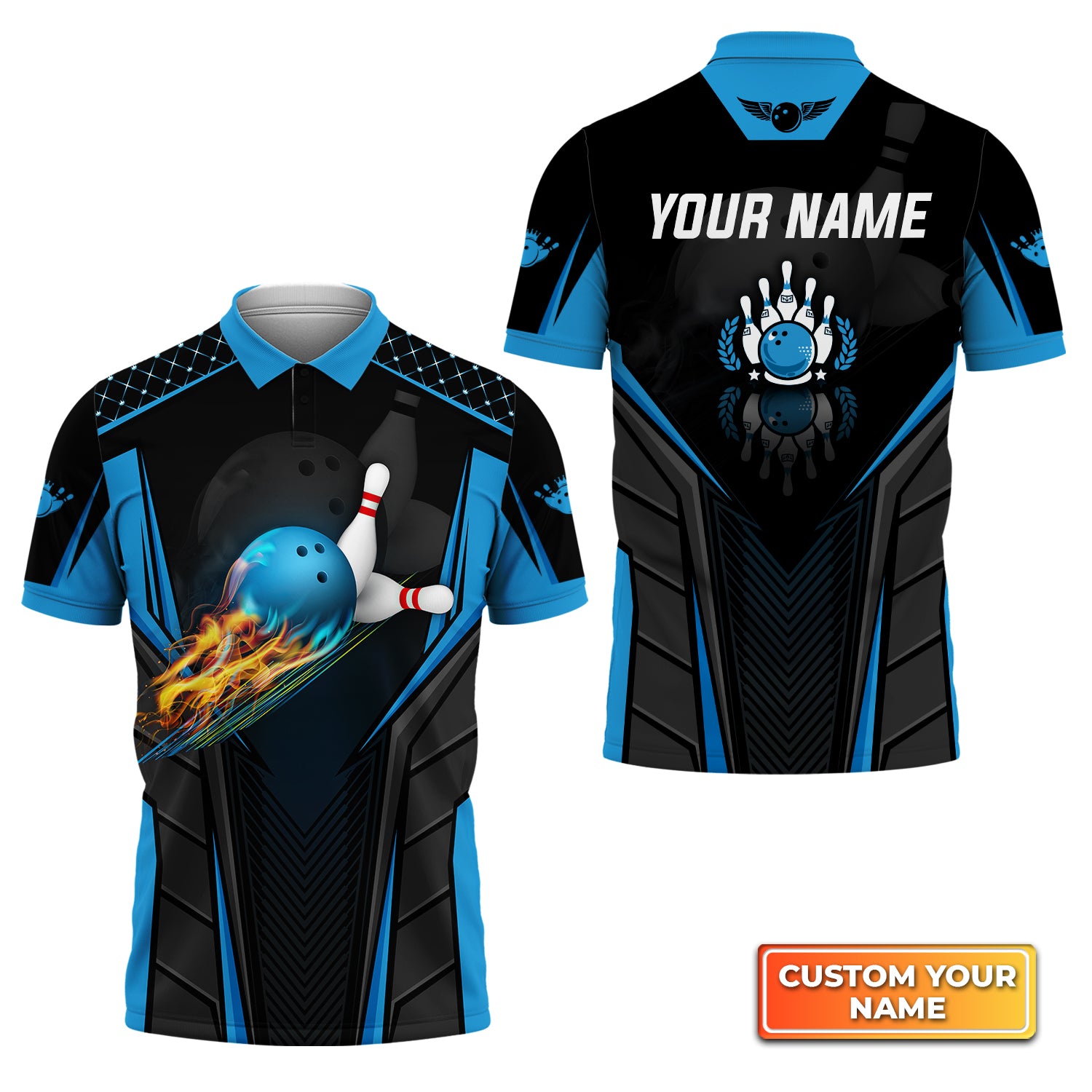 The Blue Bowling Ball in Flames Breaks White Skittles 2 Personalized Name 3D Polo Shirt QB95