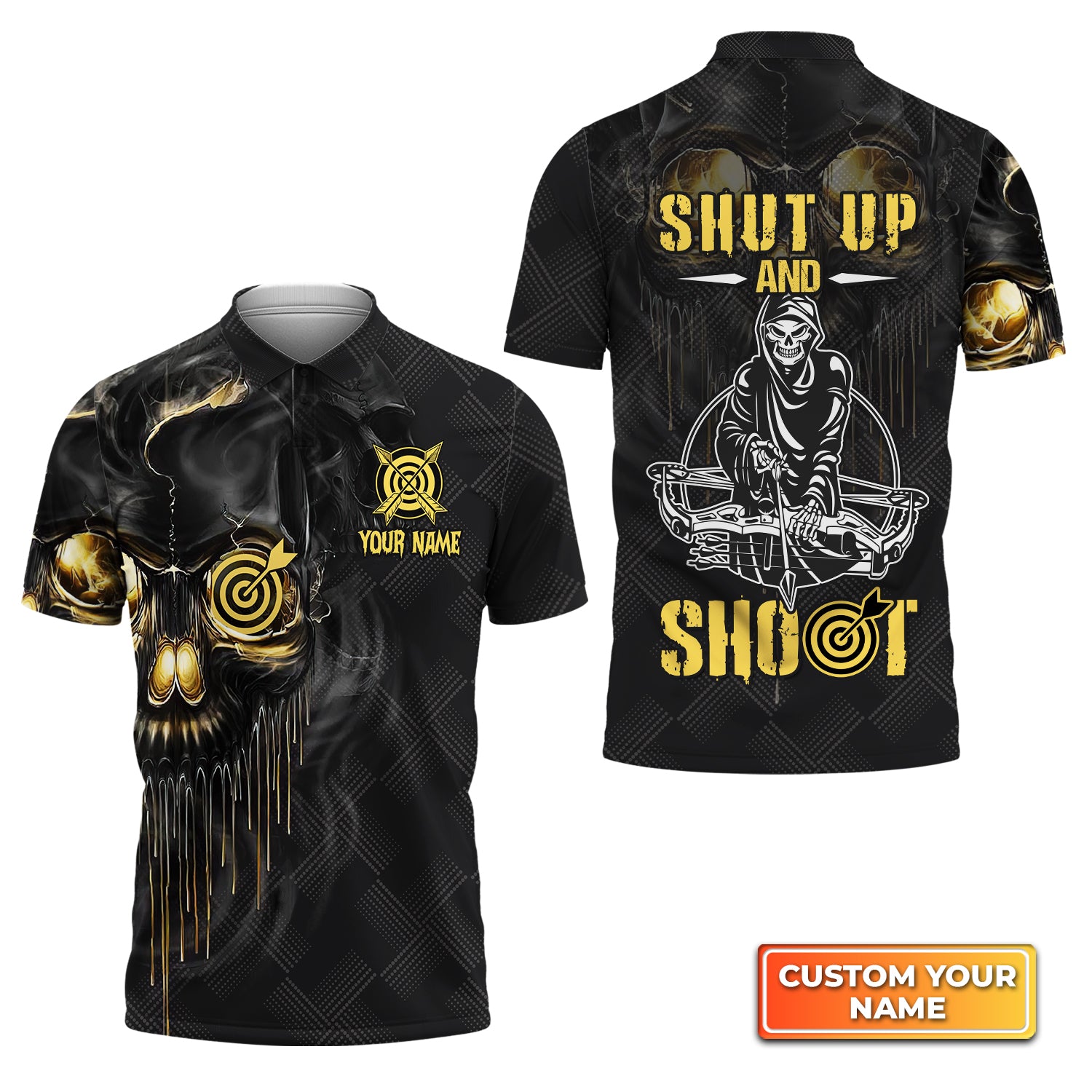 Archery Skull Shut Up and Shoot Personalized Name 3D Polo Shirt QB95 Gift For Archer