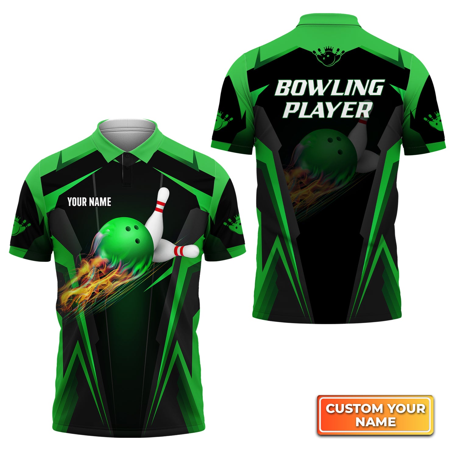 The Green Bowling Ball in Flames Breaks White Skittles Personalized Name 3D Polo Shirt QB95