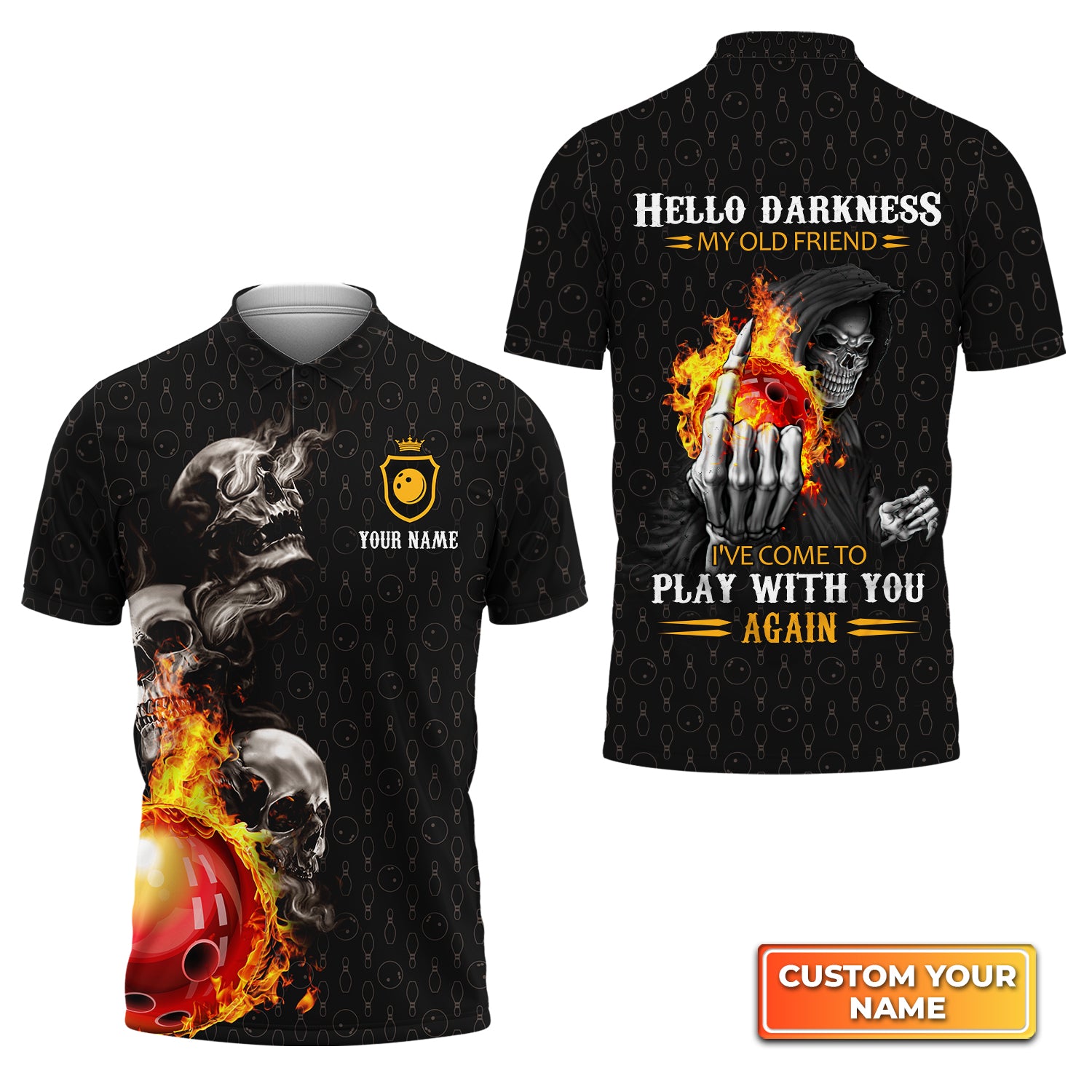 Bowling Skull Hello Darkness My Old Friend Personalized Name 3D Polo Shirt QB95 Gift For Bowler