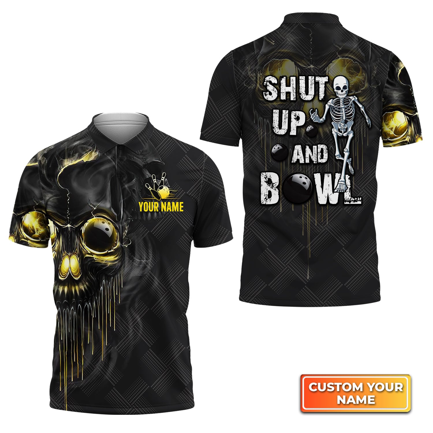 Shut Up And Bowl Golden Skull Personalized Name 3D Polo Shirt QB95 Gift For Bowler