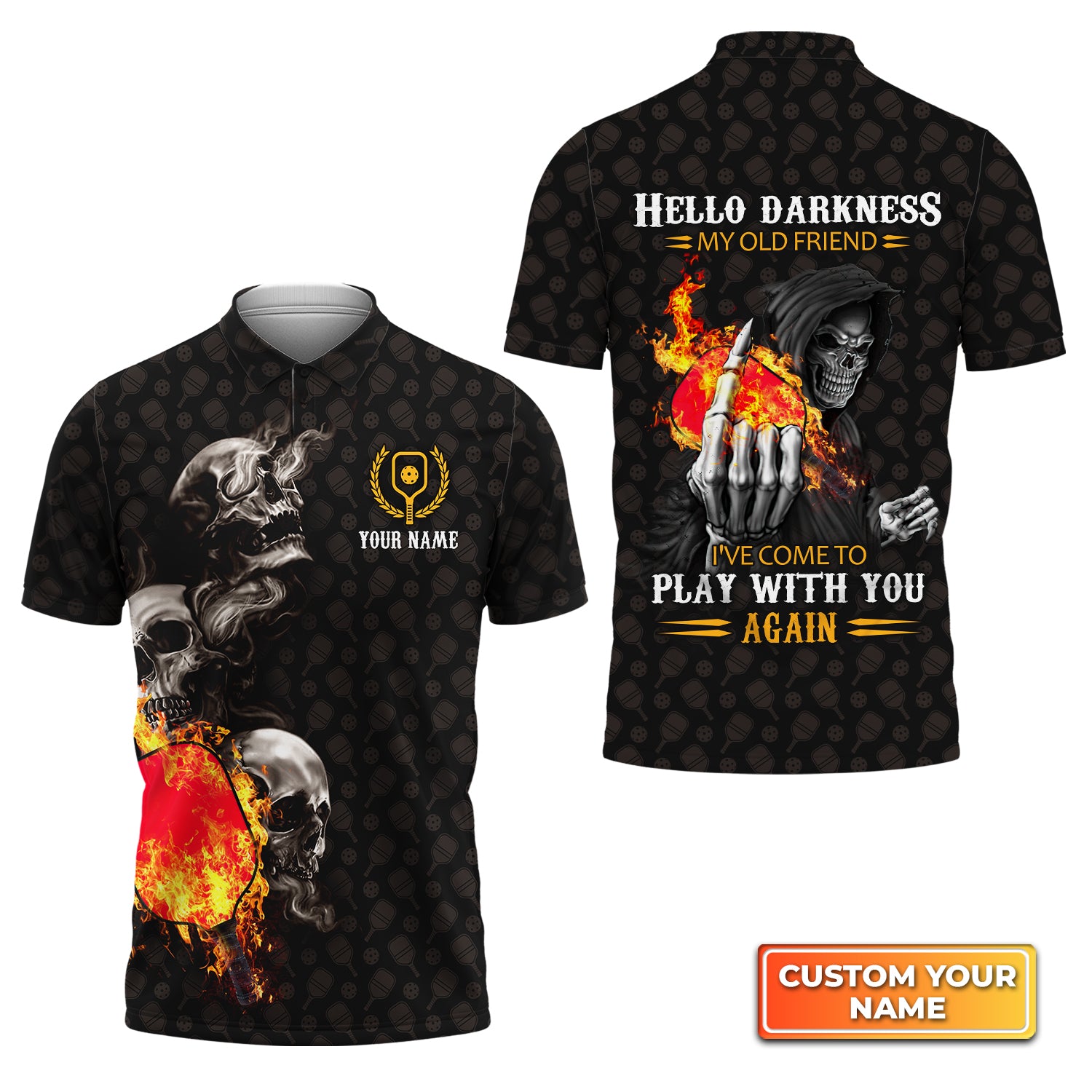 Pickleball Skull Hello Darkness My Old Friend Personalized Name 3D Polo Shirt QB95 Gift For Pickleball Player