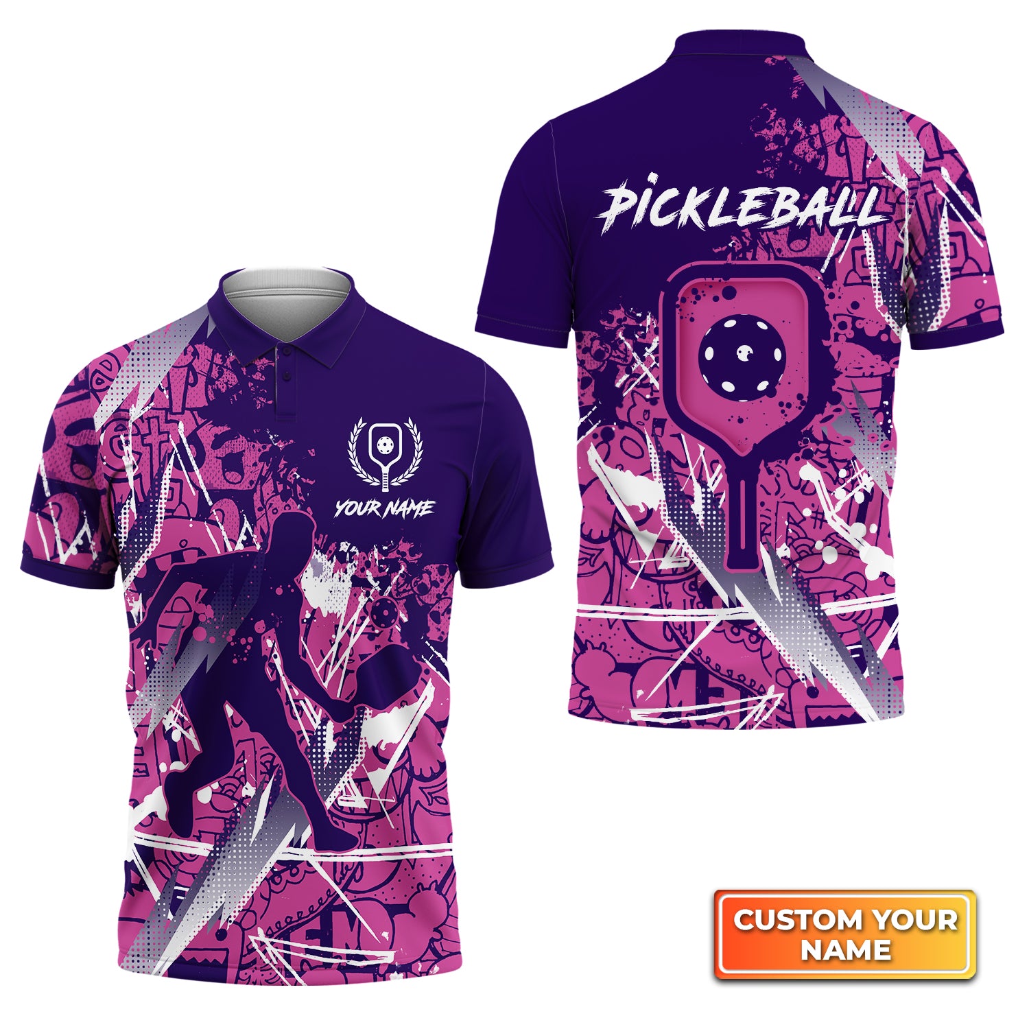 Pickleball - Scritch Man Purple Pink Pattern Personalized Name 3D Polo Shirt QB95 Gift For Pickleball Player