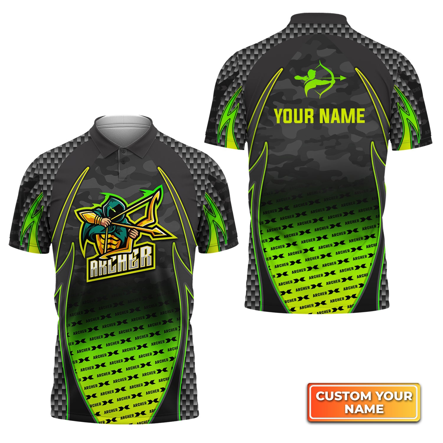 Archer Esport Mascot Green Pattern Personalized Name 3D Polo Shirt QB95 Gift For Archer