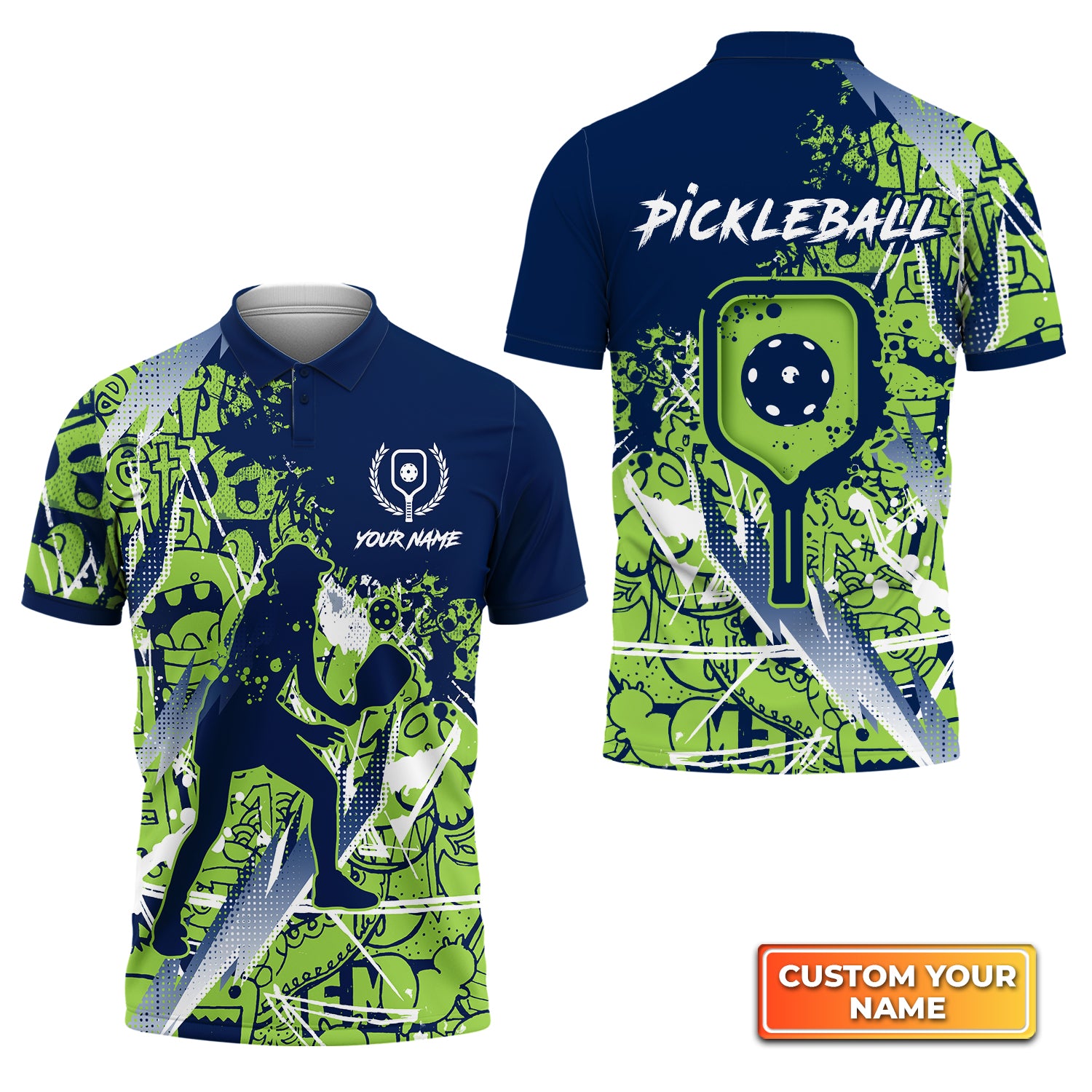 Pickleball - Scritch Woman Green Blue Pattern Personalized Name 3D Polo Shirt QB95 Gift For Pickleball Player