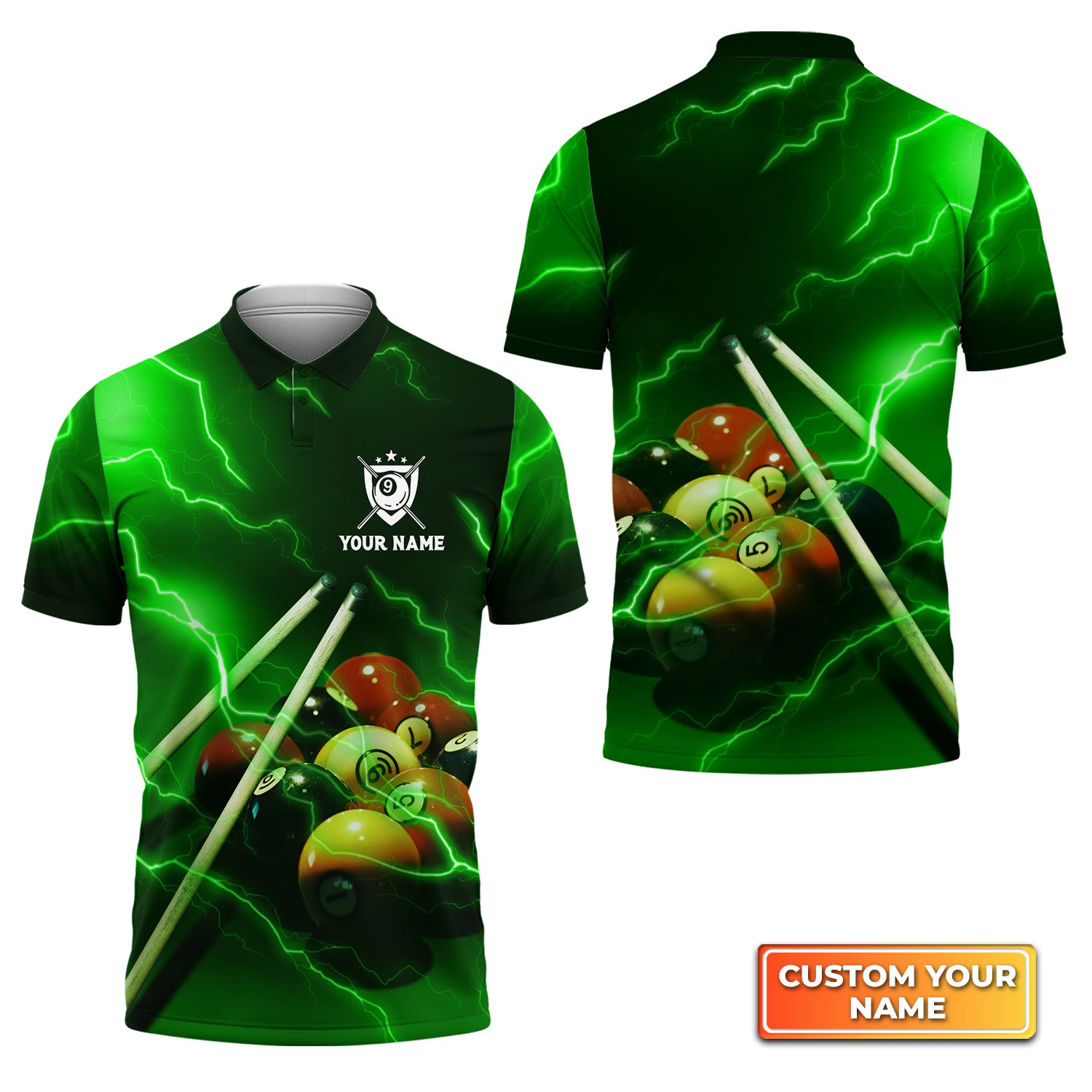 Billiard 9 Ball Thunder Lightning Fluor Green Personalized Name 3D Polo Shirt Gift For Billiard Players QB95