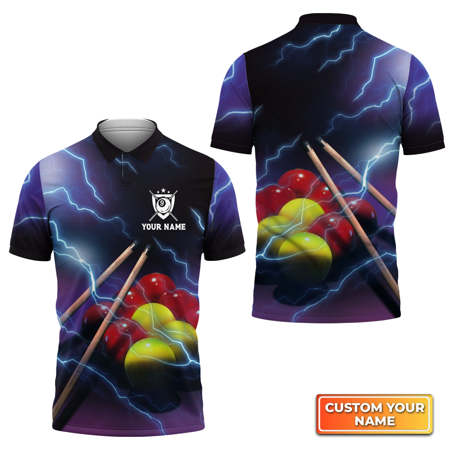 Yellow and Red Billiard Ball Thunder Lightning Personalized Name 3D Polo Shirt Gift For Billiard Players QB95