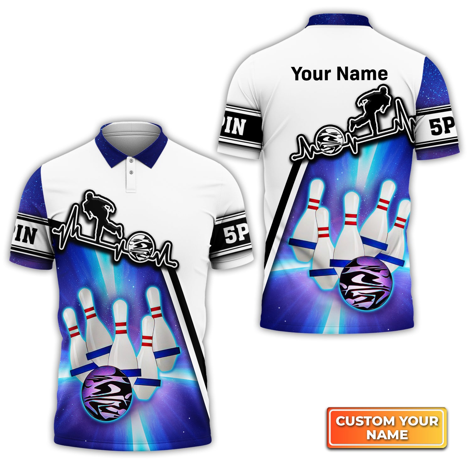 Blue Bowling 5 Pins Personalized Name 3D Polo Shirt QB95