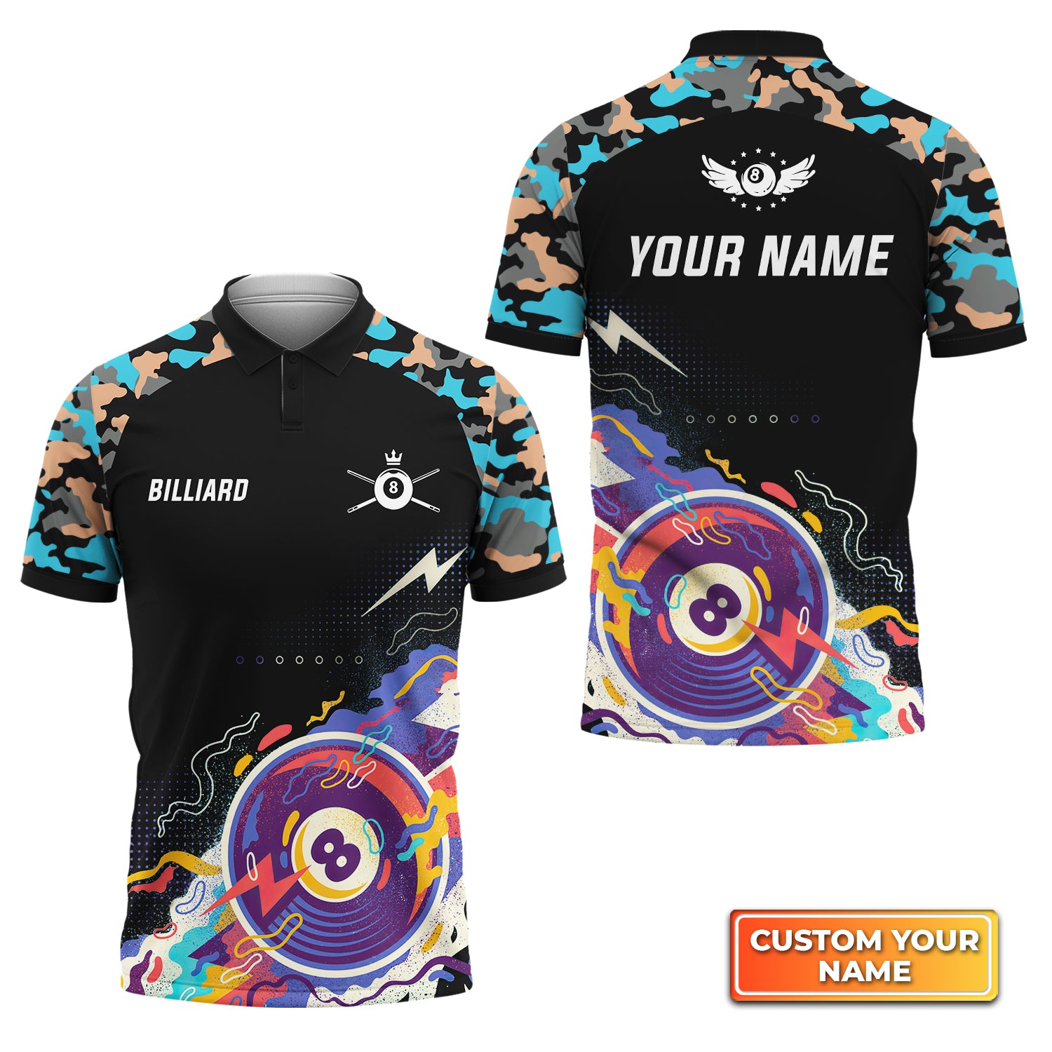 Pool 8 Ball Black Blue Watercolor Personalized Name 3D Polo Shirt Gift For Billiard Players QB95