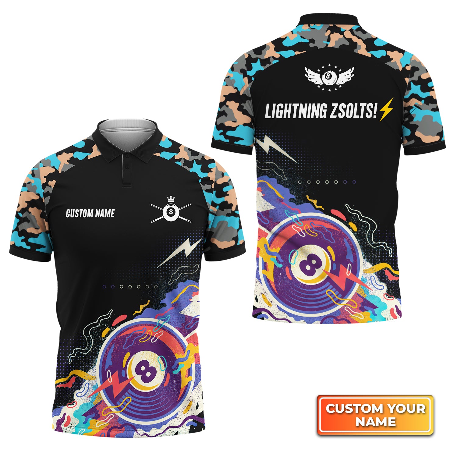 LIGHTNING ZSOLTS!⚡️ Pool 8 Ball Black Blue Watercolor Personalized Name 3D Polo Shirt Gift For Billiard Players QB95