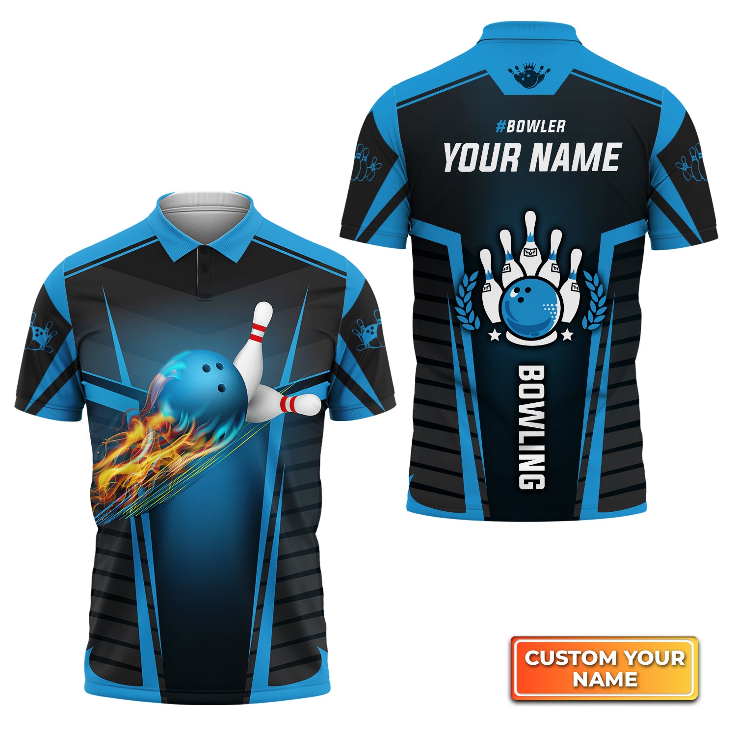 BowlerThe Blue Bowling Ball in Flames Breaks White Skittles Personalized Name 3D Polo Shirt QB95