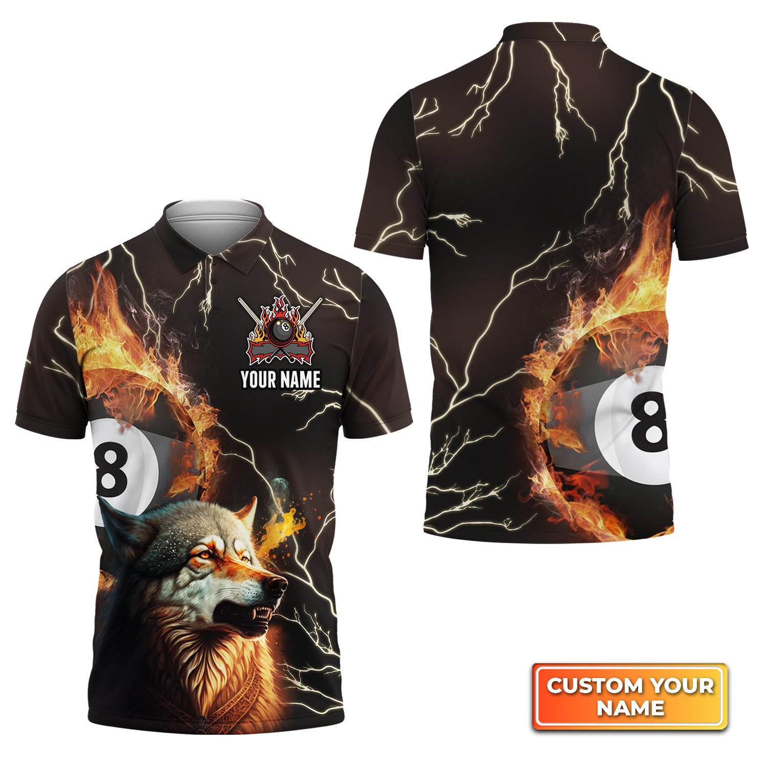 Wolf On Fire Billiard Pool 8 Balls Personalized Name 3D Polo Shirt Gift For Billiard Players QB95