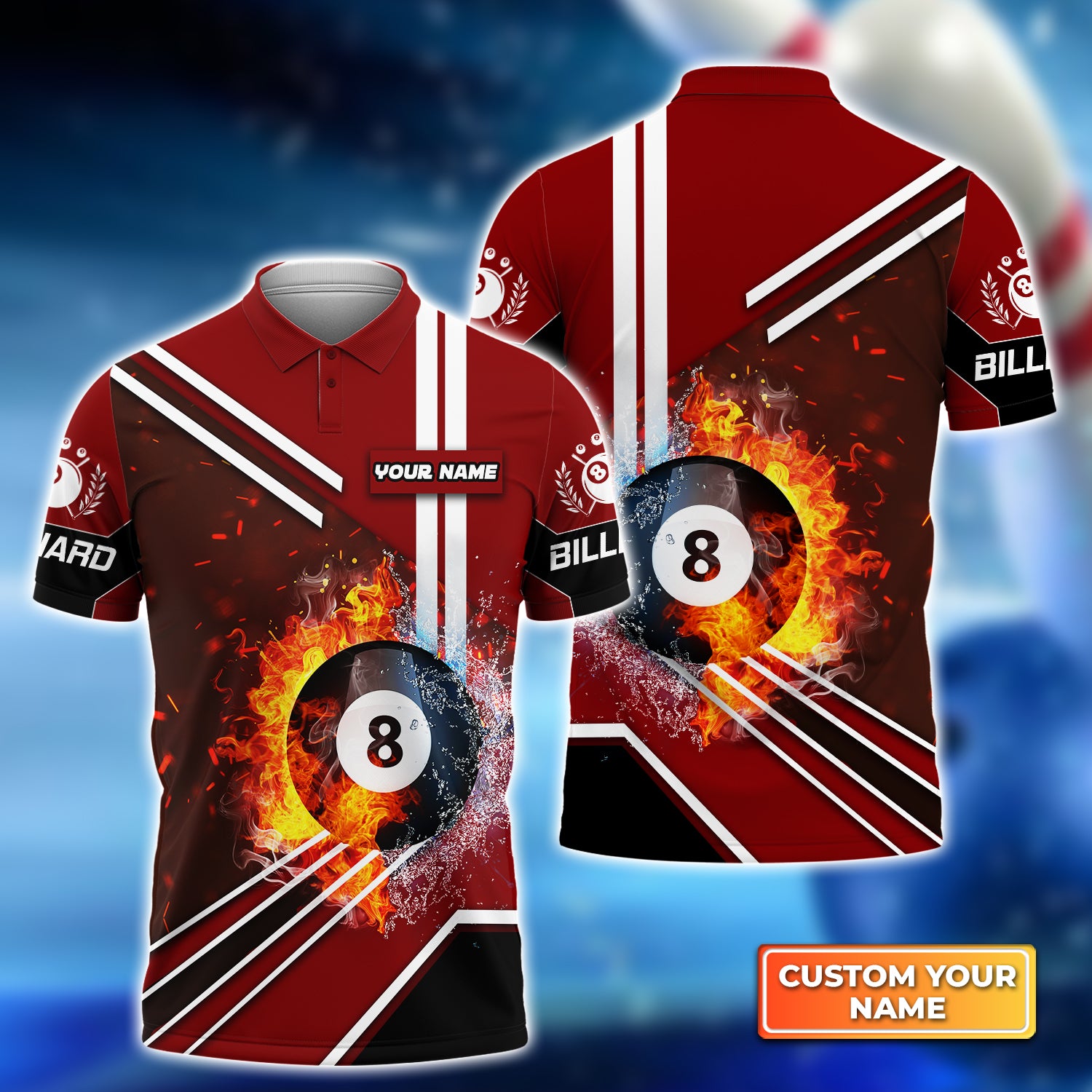 Red Billiard Pool 8 Ball On Fire Personalized Name 3D Polo Shirt Gift For Billiard Players QB95