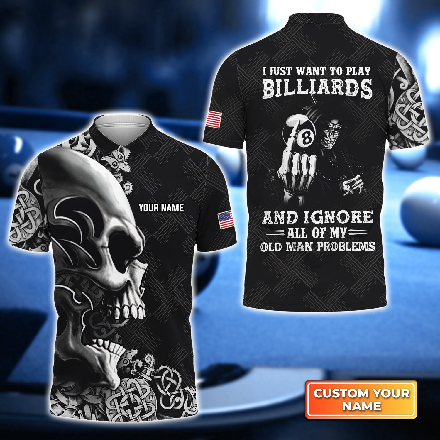 Skull Billiard 8-Ball Pool Player Old Men Personalized Name 3D Polo Shirt Gift For Billiard Players QB95