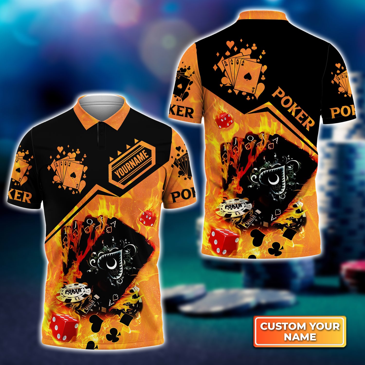 Poker Royal Flush On Fire Personalized Name 3D Polo Shirt Gift For Poker Players QB95