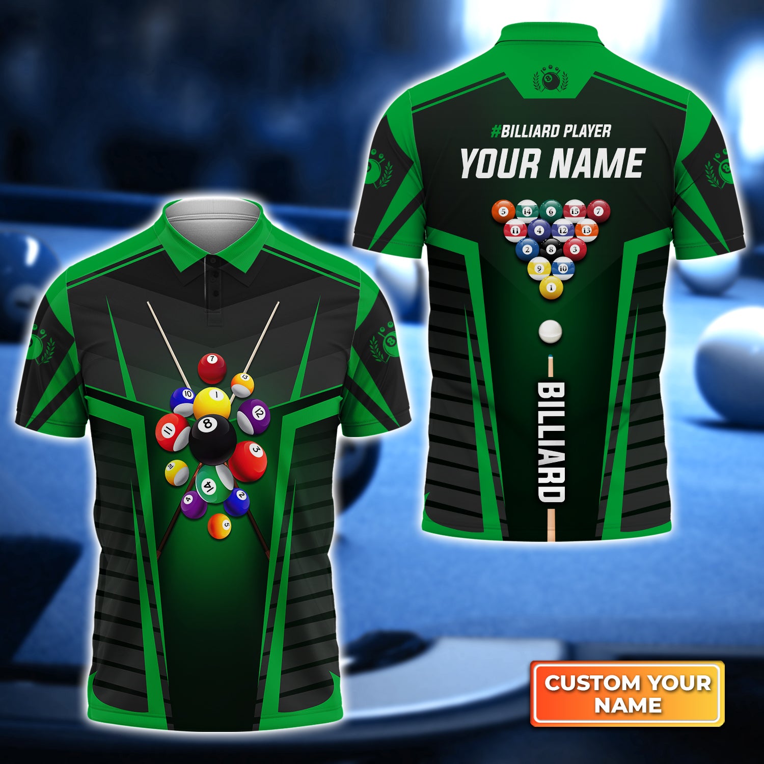 Green Billiard Balls Personalized Name 3D Polo Shirt Gift For Billiard Players QB95