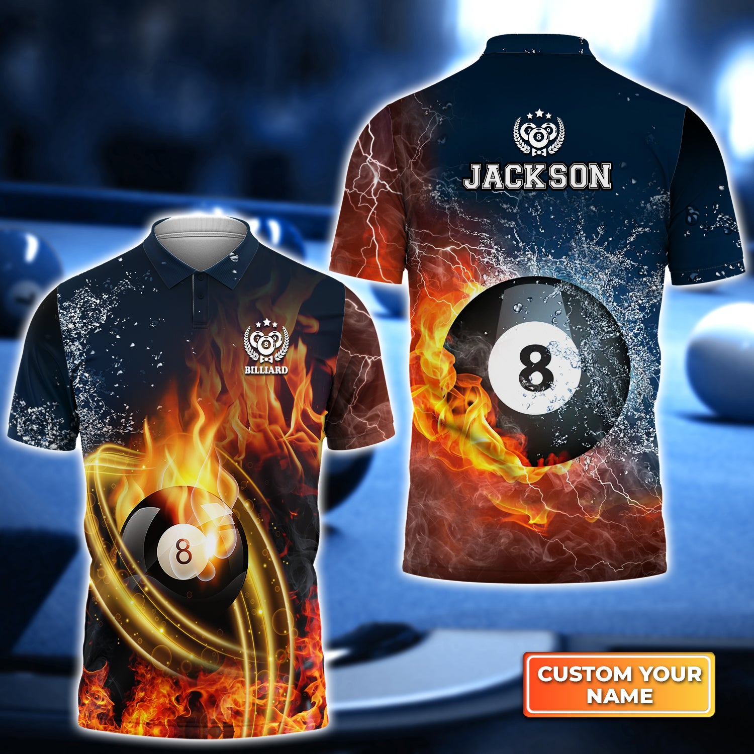 8Ball Billiard On Fire Personalized Name 3D Polo Shirt Gift For Billiard Players QB95