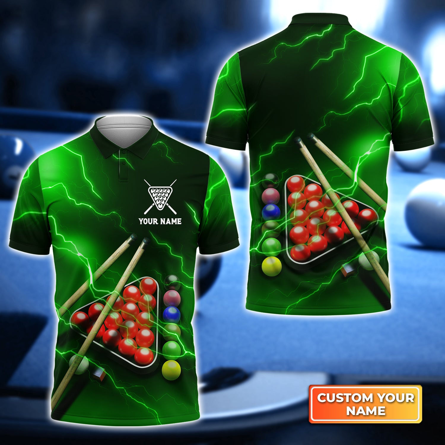 Snooker Thunder Lightning Personalized Name 3D Polo Shirt Gift For Billiard Players QB95