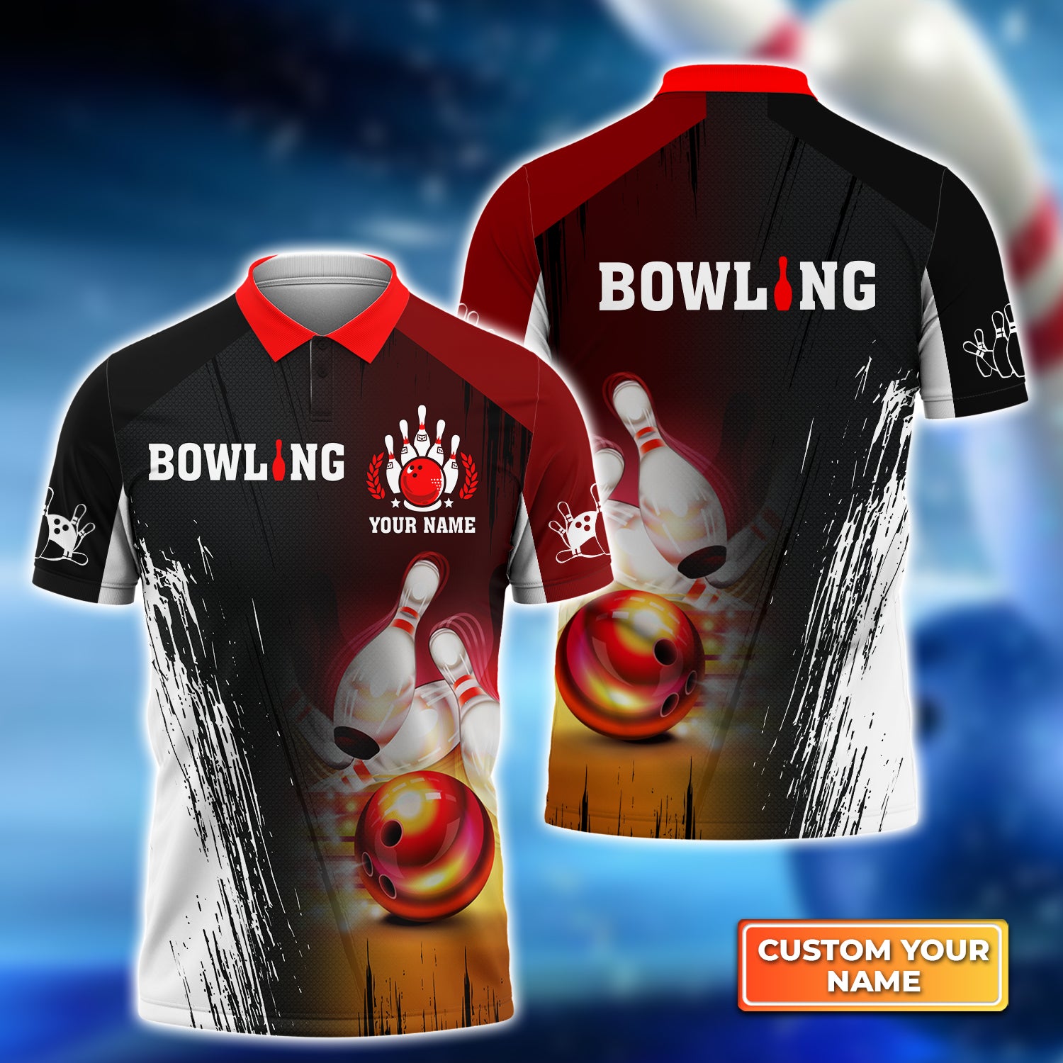 Red Bowling Ball Crashing Pins Personalized Name 3D Polo Shirt QB95