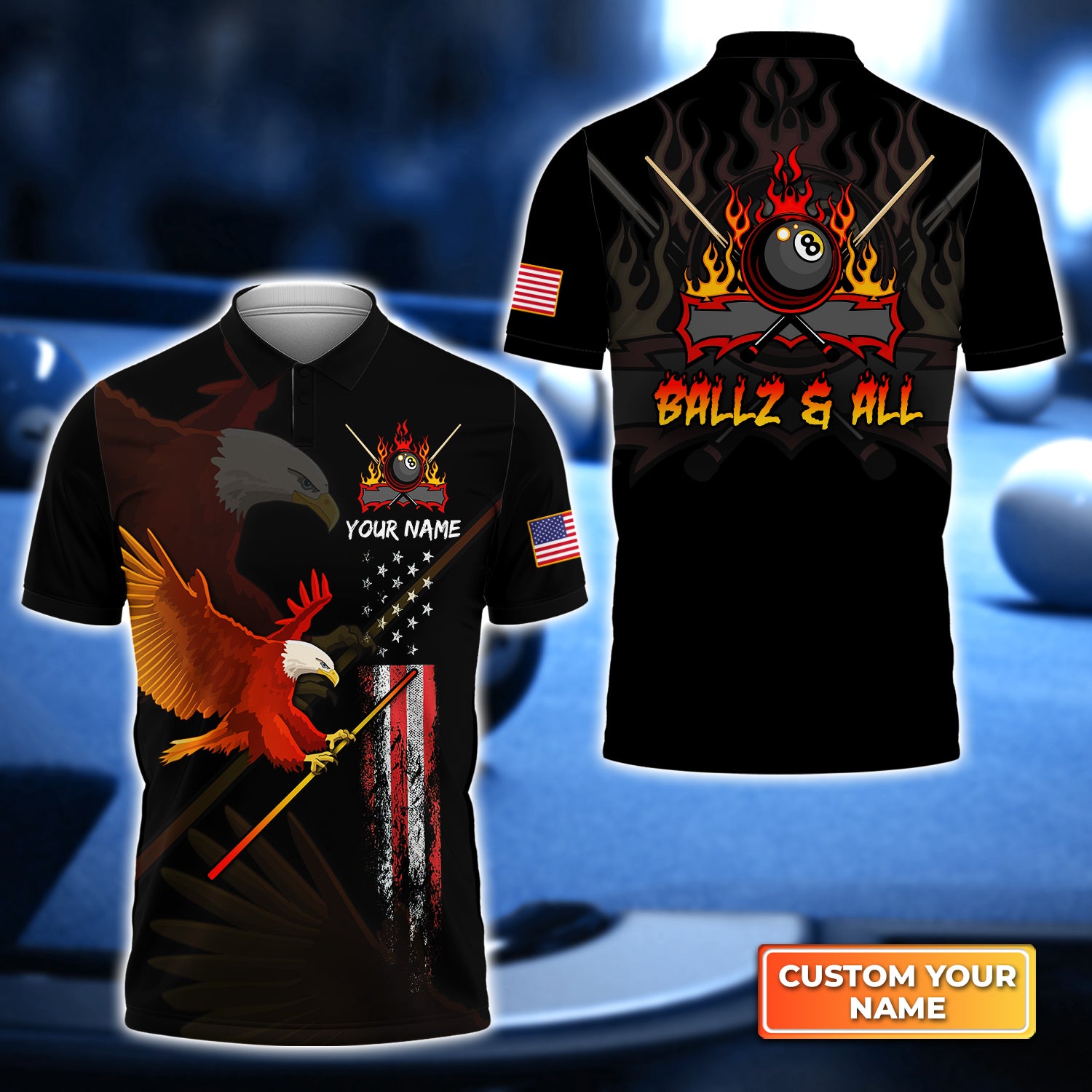 Eagle BALLZ & ALL Team Bones 8 Ball American Flag Billiards Personalized Name 3D Polo Shirt Gift For Billiard Players QB95