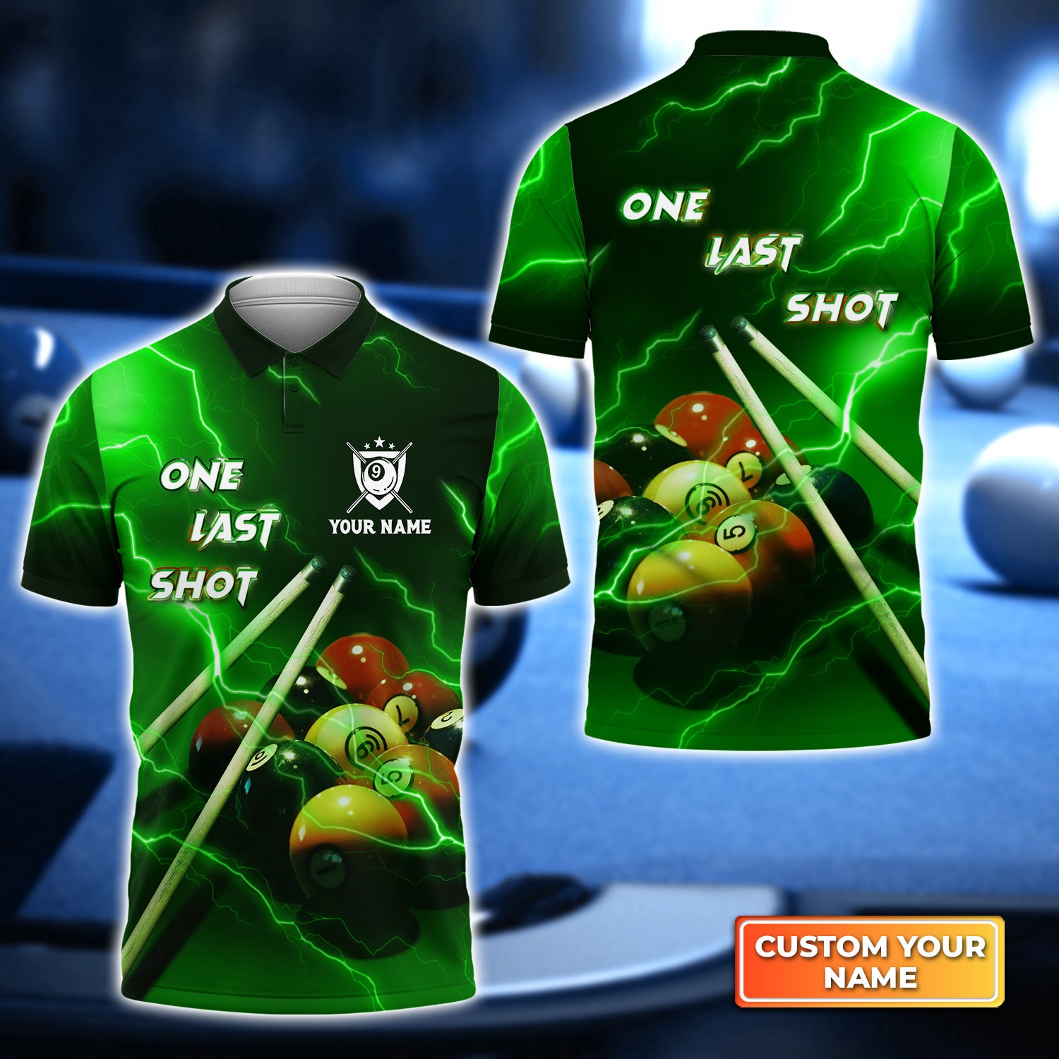 One Last Shot Billiard 9 Ball Thunder Lightning Fluor Green Personalized Name 3D Polo Shirt Gift For Billiard Players QB95