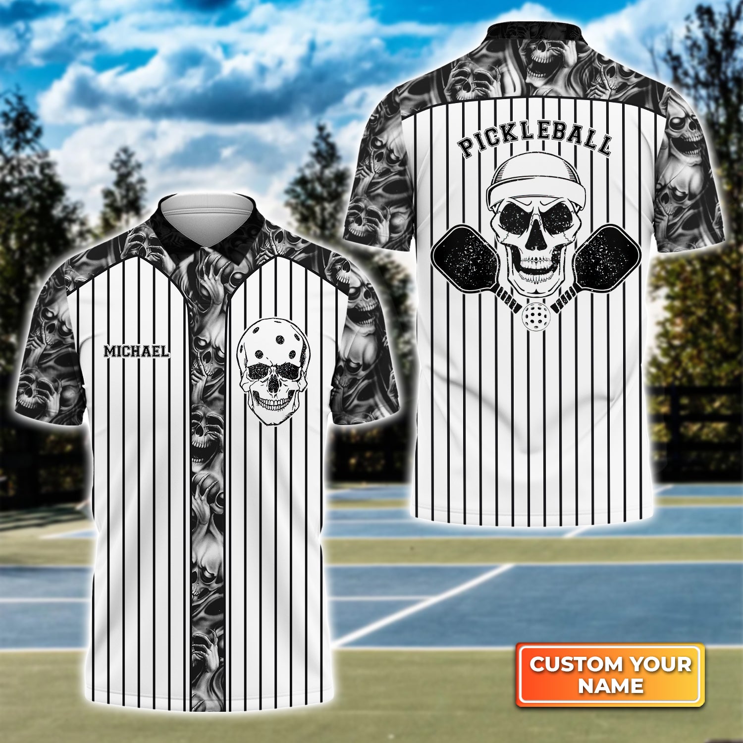 Skull Vertical Stripes Personalized Name 3D Polo Shirt QB95 Gift For Pickleball Player