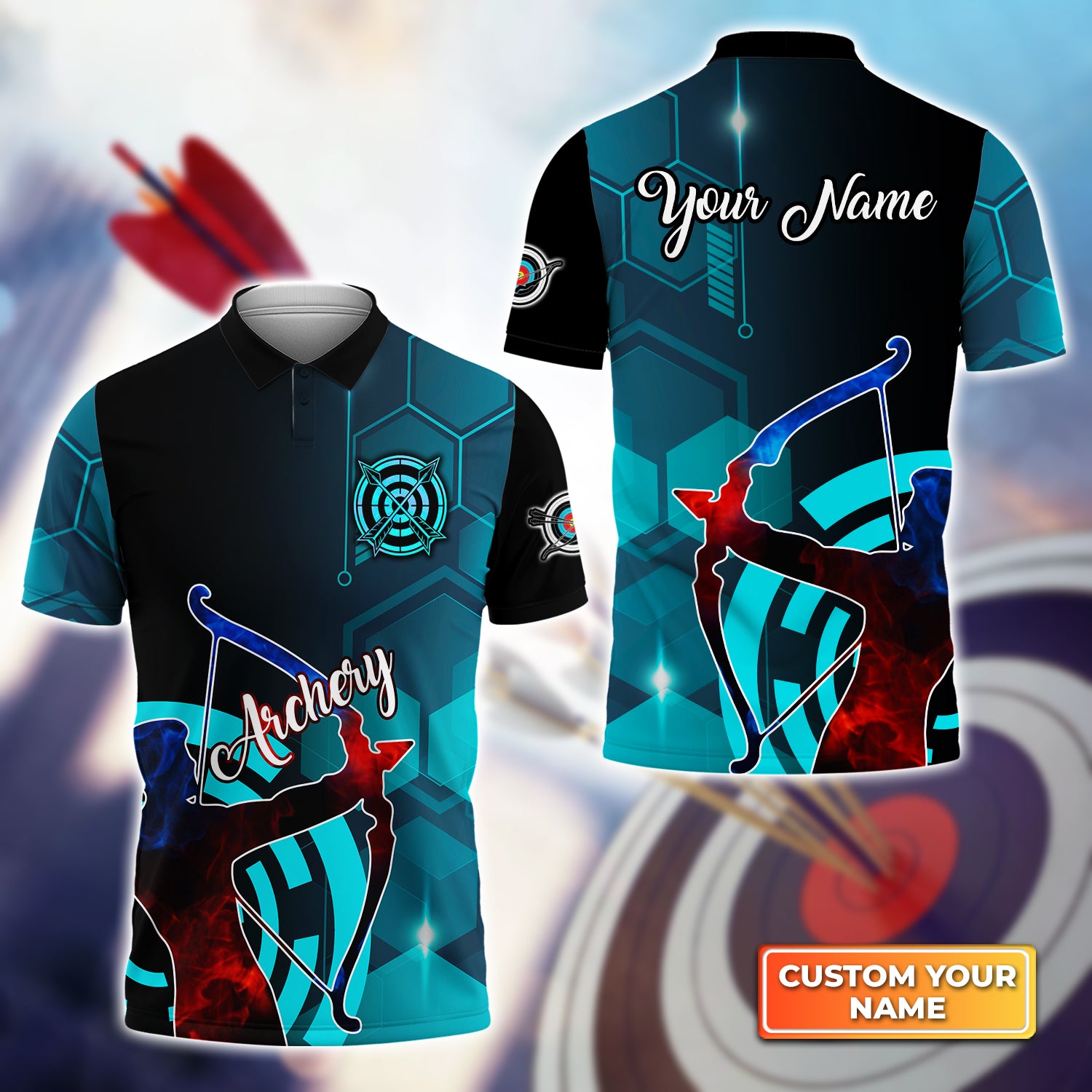 Archery Watercolor Short Sleeve Shirts Personalized Name 3D Target Bow Polo Shirt QB95 Gift For Archer Sport Lovers