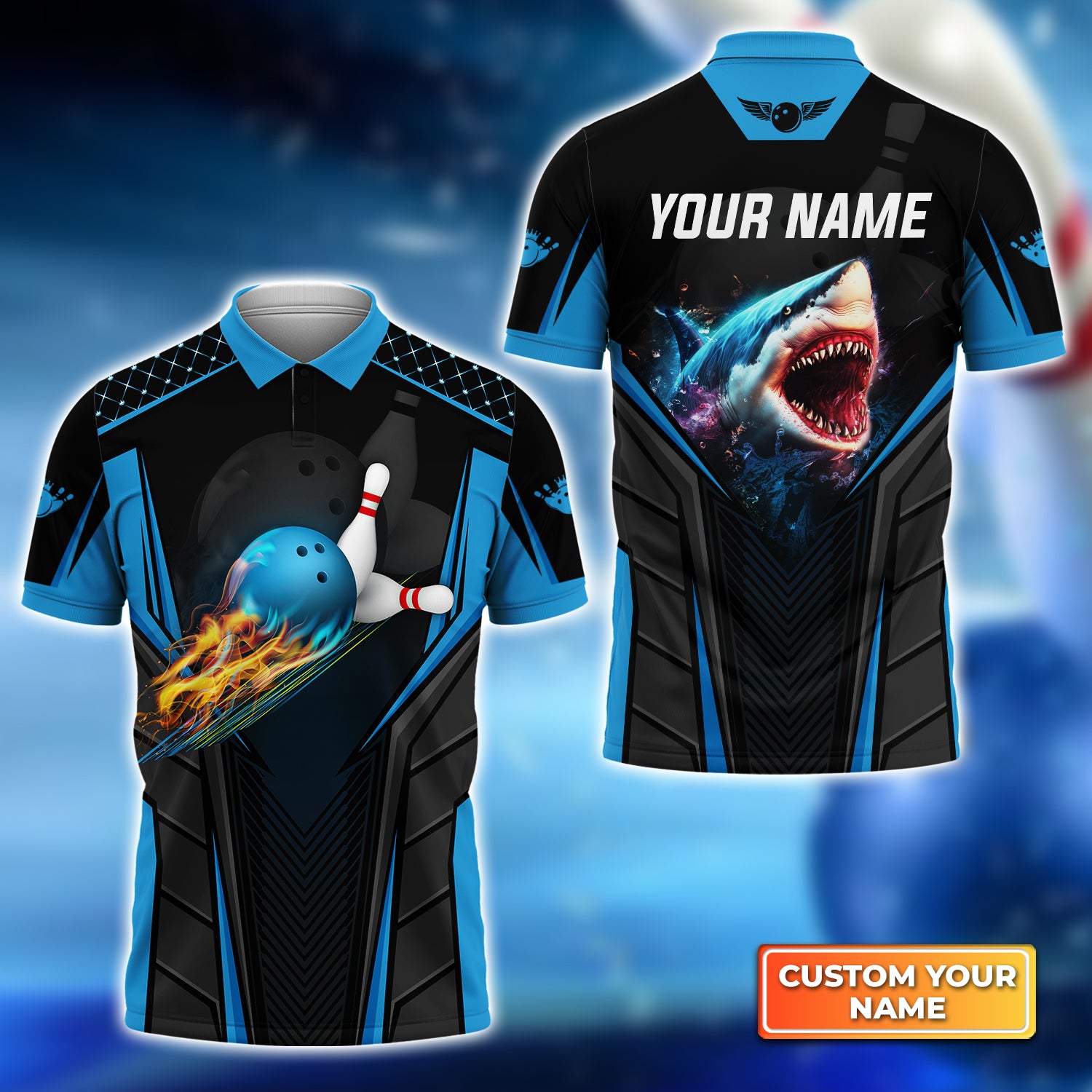 Shark Team Blue Bowling Ball Personalized Name 3D Polo Shirt QB95