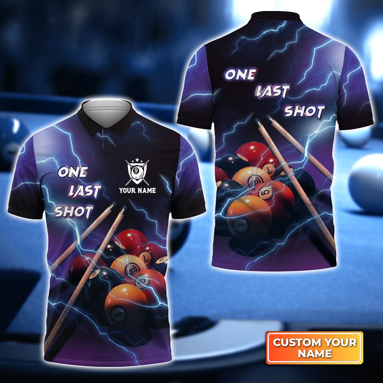 One Last Shot Billiard 9 Ball Thunder Lightning Personalized Name 3D Polo Shirt Gift For Billiard Players QB95