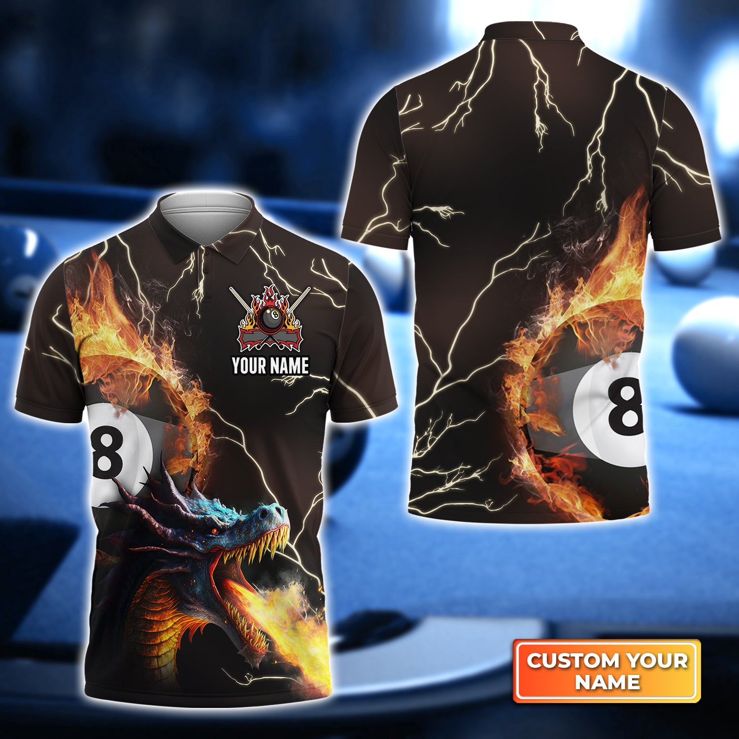 Dragon On Fire Billiard Pool 8 Balls Personalized Name 3D Polo Shirt Gift For Billiard Players QB95